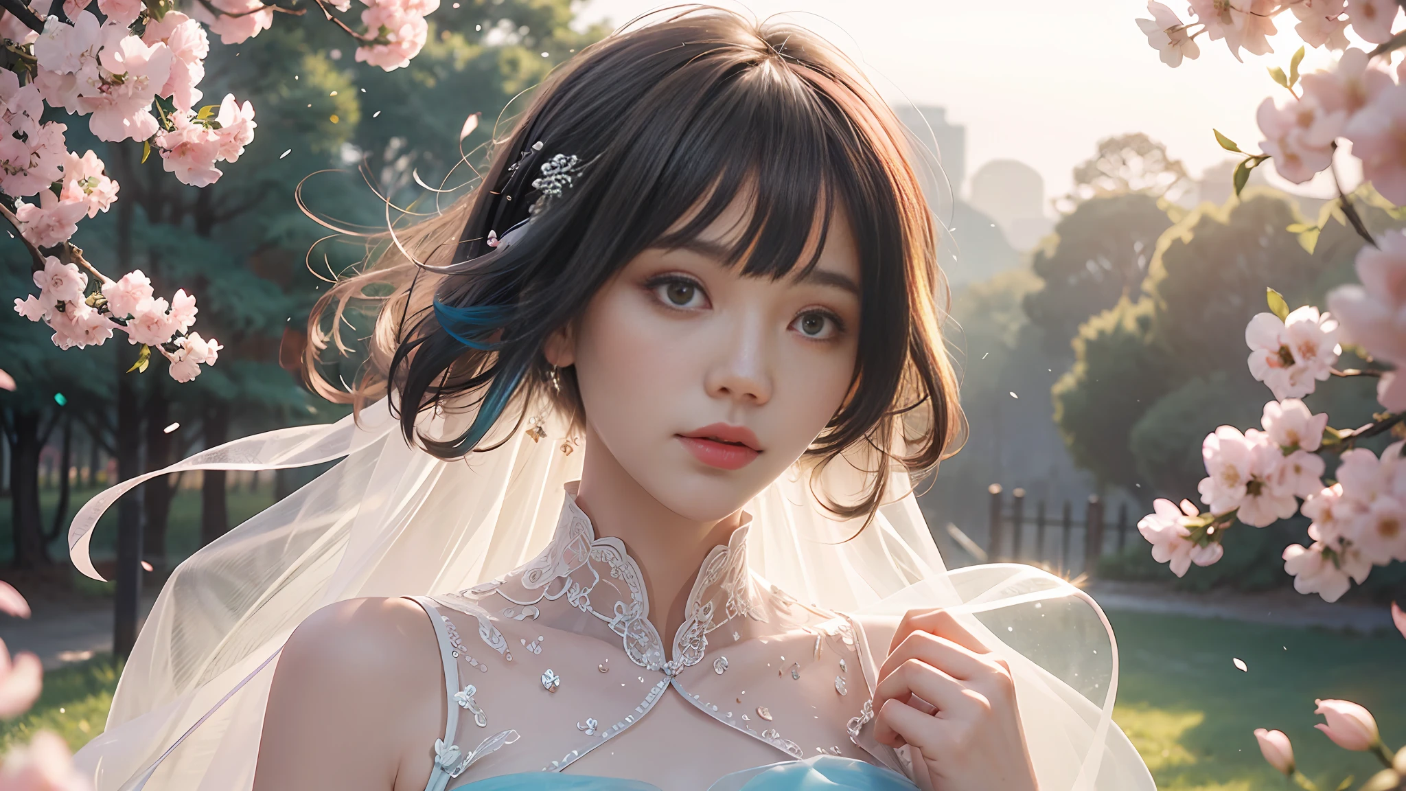 (Fluorescent color: 1.4), (Translucent: 1.4), (Vintage filter: 1.4), (Fantasy: 1.4), Dream World, Chang'an City Ancient Ethereal Soft Fluffy Soft Landscape Cherry Blossom Petals Pale Pink Sky Green Blue Sparkling Ethereal Light Soft Whimsical Light Rainbow Stars Sparkling Diamonds Ancient Background Ultra Realistic Ultra High Quality Cinematic Lighting Huge Details Full HD Painting Well lit, diagonal bangs,
Colorful wedding dress, side
Masterpiece, Best Quality, Real Skin, (Portrait: 1.5), 1 Girl, Long Bangs, Short Hair