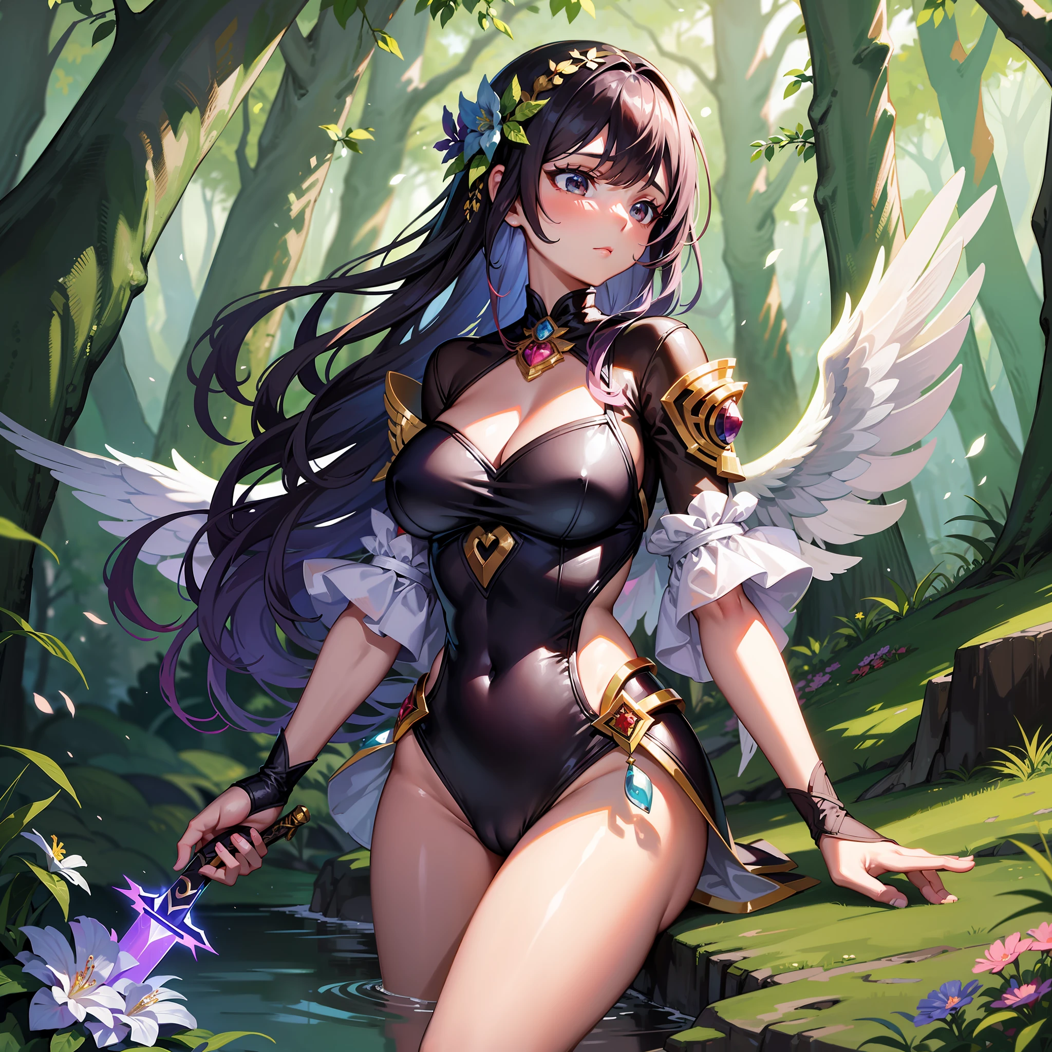 cute girl, swimsuit, forest, flowers, phoenix next to it, sword, cute, exquisite, light fog, wind, aesthetic, fantasy, dream, magic, magnificent imagination, high resolution, super delicate, two-dimensional, masterpiece, best quality