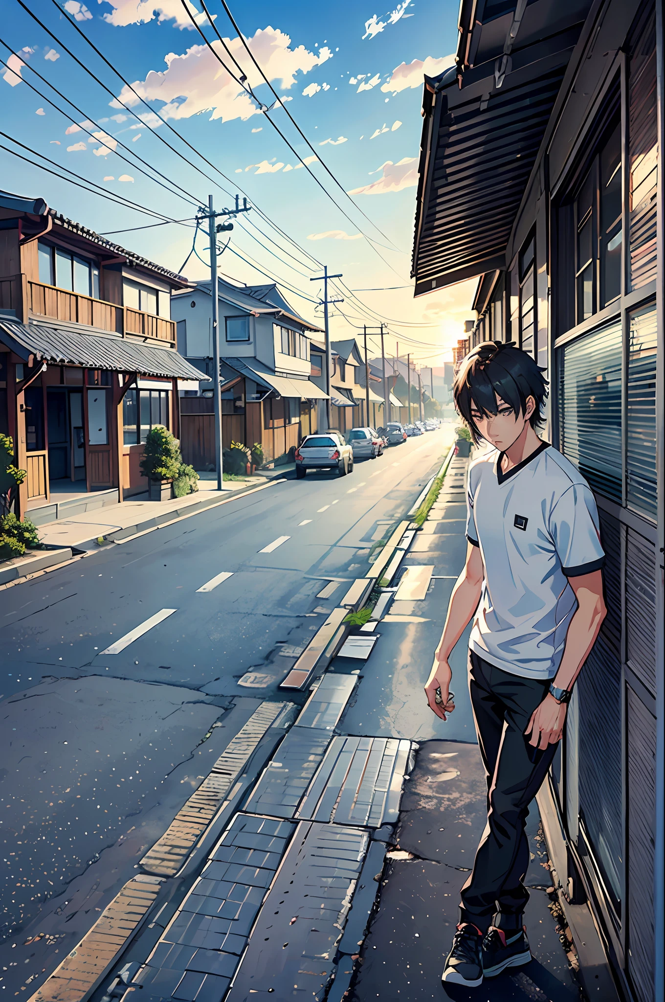 4k, best quality, 3D anime masterpiece), (anime, realistic,), Chinese young man, handsome, gray short sleeves, teacher face, thin and straight, short hair, Chinese countryside, serious and nervous, moderate eyes, full body. Evening, Colorful Sunset, Soft Light, 4K, 8K, Excellent Image Quality, Lens Zoom Out, Film Perspective, , Cloudy Day, Modern Rural, Concrete Structure Building, Bungalow, Utility Pole, Cement Road Street (Bicycle), Black Wooden Door, (HDR: 1.25), (Intricate Detail: 1.14), (Surrealist 3D Rendering: 1.16), (: 0.55) --auto --s2