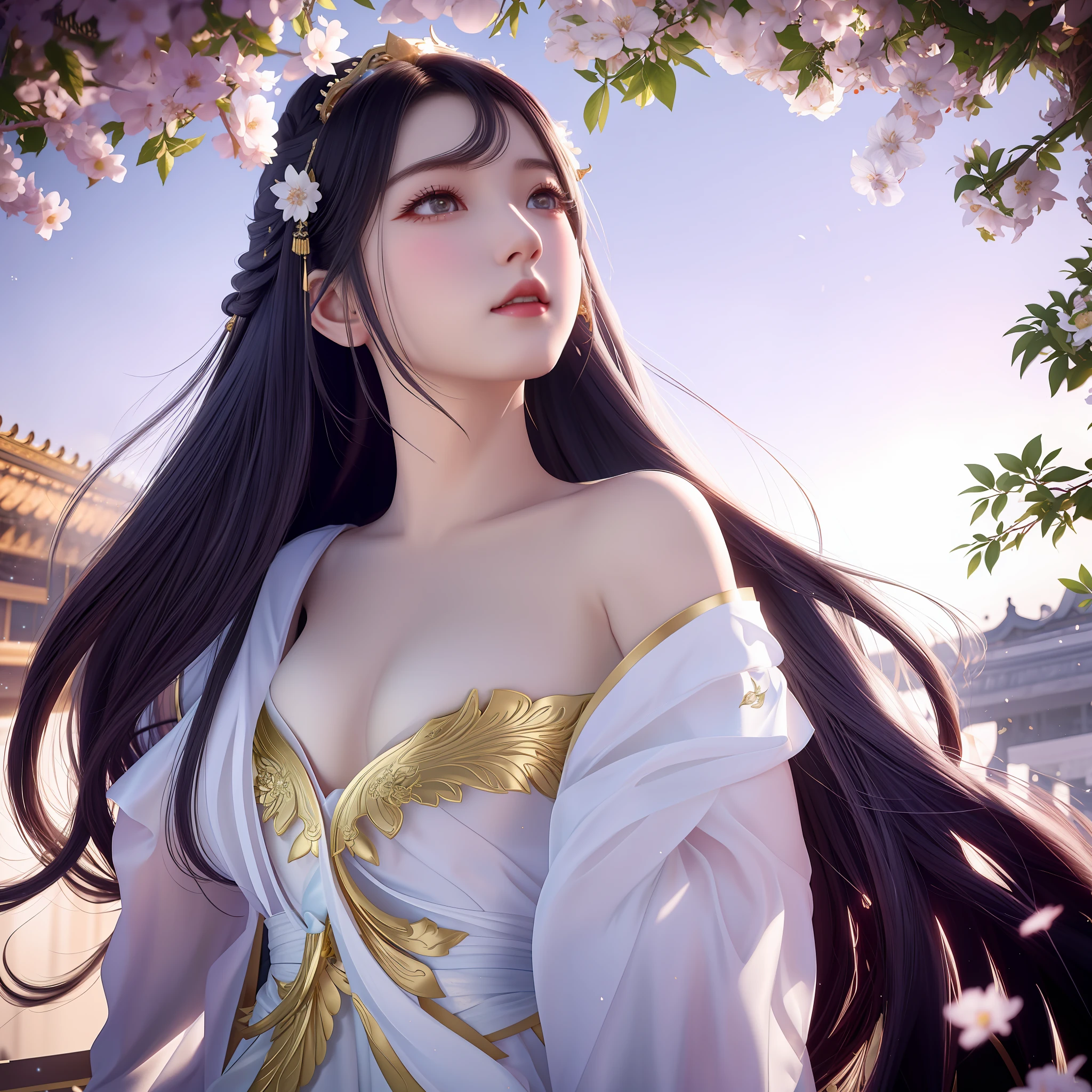 arafed woman in a white dress with long hair and a gold dress, trending on cgstation, artwork in the style of guweiz, a beautiful fantasy empress, guweiz, by Yang J, white hanfu, palace , a girl in hanfu, inspired by Lan Ying, inspired by Fenghua Zhong, 中 元 节