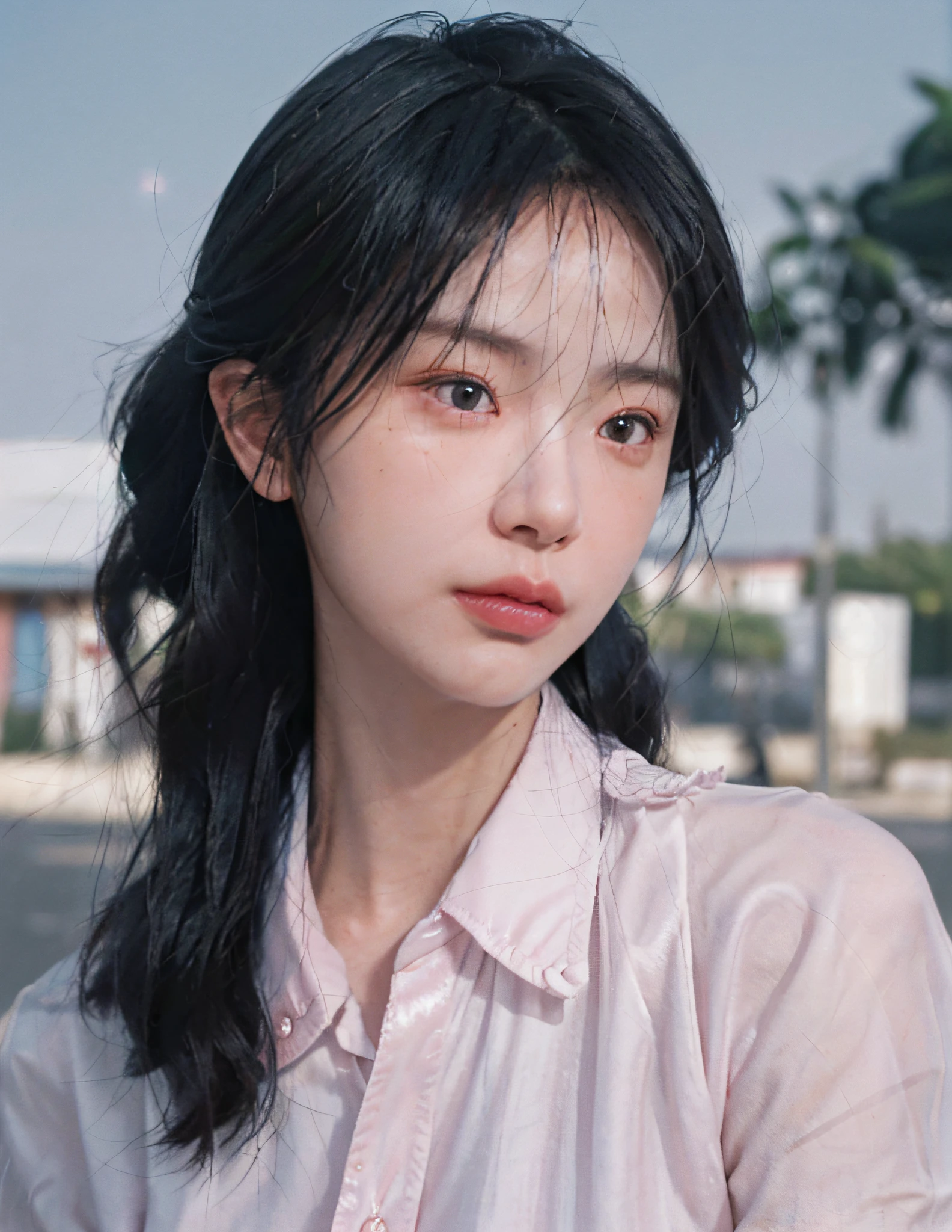 8k, RAW Photo, Best Quality, Masterpiece, High Detail RAW Color Photo, Professional Photo, (Realistic, Photorealistic Photorealism: 1.37), (High Detail Skin: 1.2), High Resolution, Beautiful Detailed Eyes, (Hard Focus: 1.4), (Clear Focus: 1.4), Realistic, (8K UHD:1.2), realistic high-quality shadows, split lips, slender face, (wavy hair), half top knot, short gray-blue wavy hair, pink eye color, suggestive appearance, (extreme face close-up) , pov, ((((depth of field)), pale and shiny skin, cropped unbuttoned shirt, 1 30 years old, buruma, blue sky and white clouds, bokeh, lens flare, (vignetting: 0.8), dramatic lighting, cinematic lighting, backlighting, professional lighting, Physically based rendering, ulzzang-6500-v1.1, pureerosface_v1.