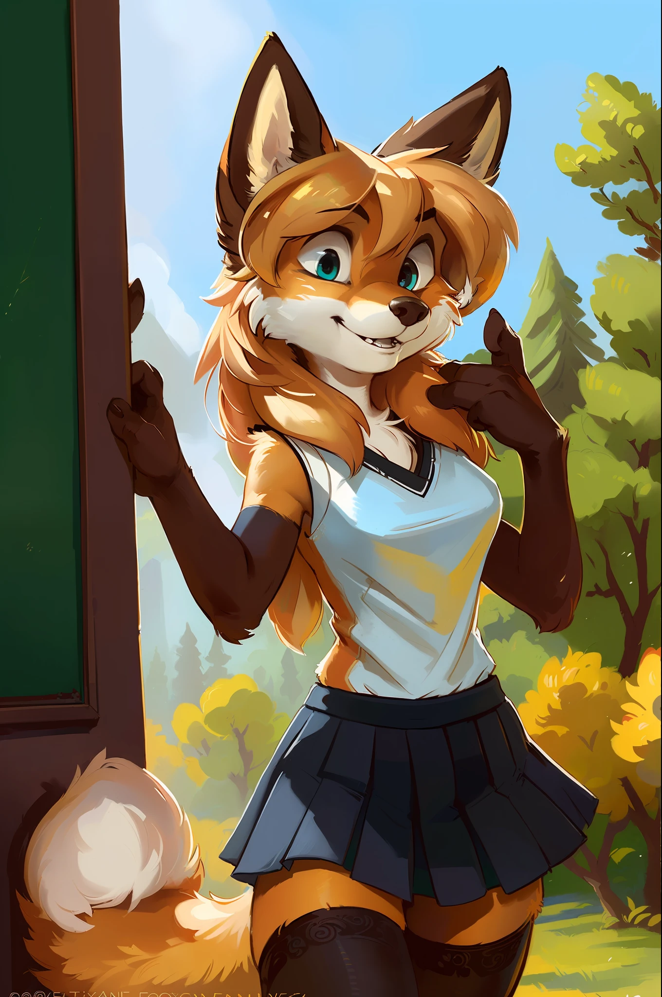 averi, fox girl, big chest, day, sexy, sensual, detailed, uploaded to e621, beautiful and detailed portrait of an anthropomorphic vixen ((female))) kenket, Ross Tran, ruan jia, uploaded to e621, zaush, foxovh, film lighting, school girl uniform, mini skirt, thighighs, high stockings ((absolute territory))