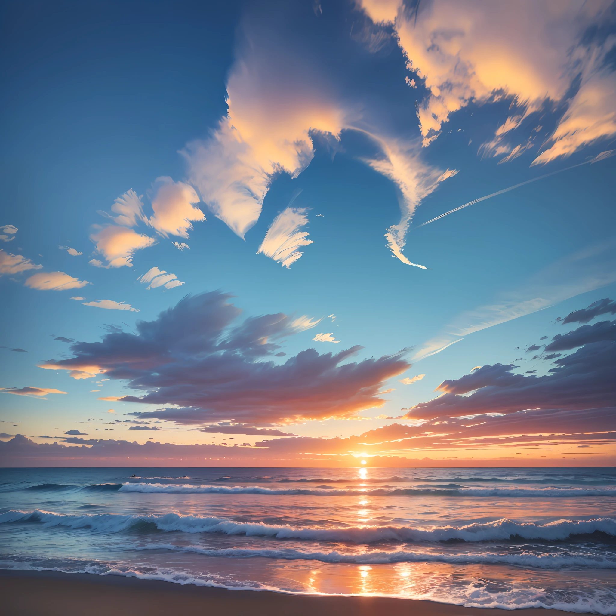 Seascape, sunrise, spring flowers, deep blue sky --auto --s2