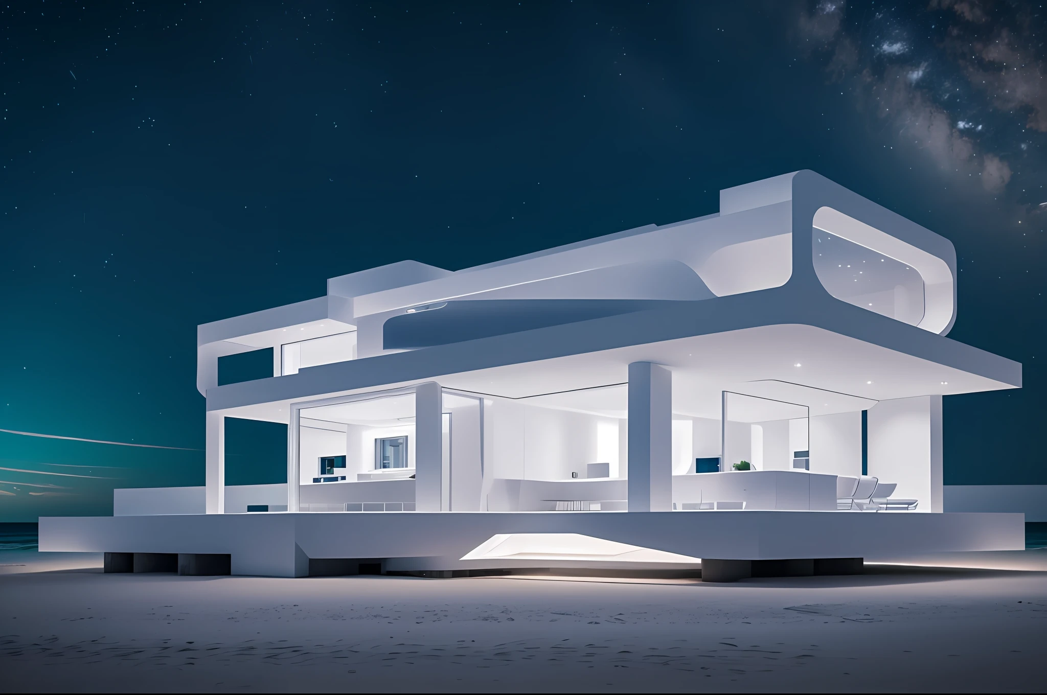 a futuristic white house on the edge of a beach, 8k, uhd, severe low lighting, high quality, sharp focus, fujifilm XT3 --auto --s2