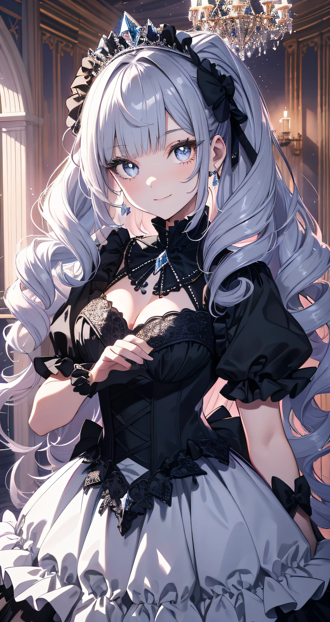 Dramatic composition, court-style dresses, royal, gorgeous, cascading frills, ruffles, bows, crystal chandeliers, Roman curly hairstyles, ponet, double ponytails like drills, look at the camera, bangs, maximalism, palatial background, delicate portrayal of hair and eyes, princess dresses, gorgeous skirts, flowers in hand, smiles, starry eyes, cinematic light, extreme detail, high definition, happy girl, very long hair, diamonds, broken diamonds, crystal fragments, light particles