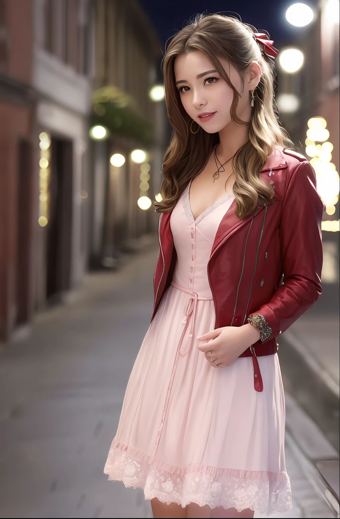 masterpiece, realistic, hyperrealistic, best quality, aerith gainsborough, choker, red cropped jacket, hair bow, bracelet, pink dress, brown boots, (night, city street,dim moonlight,street lamps), RAW photo, delicate, (intricate details:1.3), hyper detail, finely detailed, colorful, 1girl, solo, 8k uhd, film grain, (Fujifilm XT3), (photorealistic:1.3), (detailed skin:1.2), beautiful detailed sky, (nose blush),(smile:1.15),(closed mouth), small breasts,beautiful detailed eyes, skin textures, upper body,