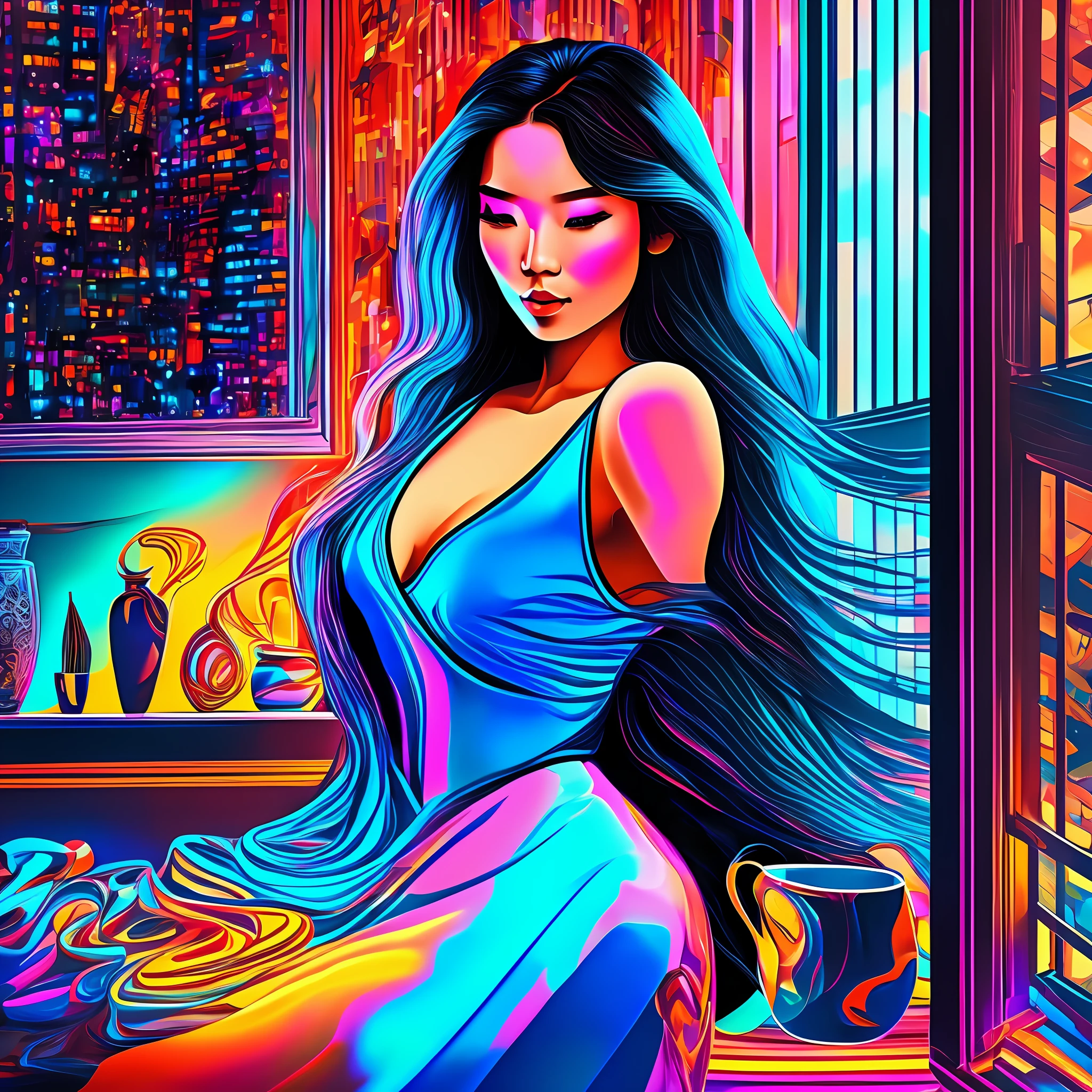 (Digital Art, Ultra HD, Ultra Detail Painting), (High Contrast), (Ordinary Apartment Standing Asian Beauty) Neon lights shining on the body, (Large rings and long straight black hair) to create a sharp contrast, (Night window) Add mystery, (Blue extra-long sexy transparent dress) Highlight the curves of the figure, (Laptop and coffee cup and vase) Create an intimate and free atmosphere, (4K quality) Show every detail. --auto --s2