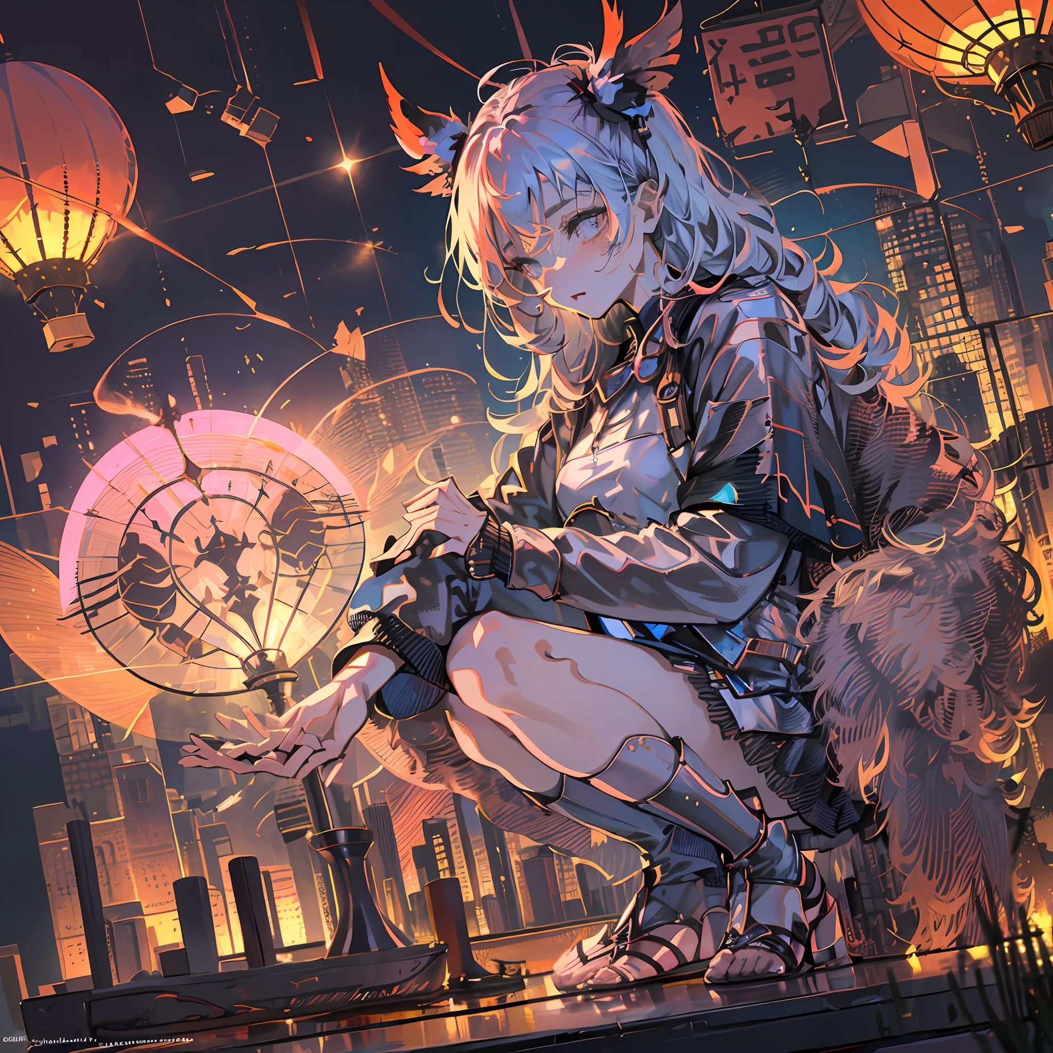 1 cat-eared girl, sitting in a hot air balloon, hair dripping, fashion T-shirt, translucent short skirt, pink sandals, sweet, sad, tearful, delicate pupils, excursion with hot air balloon, cyberpunk sky city background, maximum vertical height, rain, rain, slender searchlight pillars, moving castles, floating building facilities, various aircraft, black swans passing by, various posters, bright, twinkling lights, RGB, wet neon lights, crowded high-altitude routes, towering TV towers, gray clouds , Dark Red Glow, Damp, Wet, Reflection, Super Detail, Super Detail, Technical High Detail, Real-Time Ray Tracing, High Contrast Side Light, Texture, Magnificent Light and Shadow, Shocking Light and Shadow, Epic Light and Shadow, Dynamic, Grandiose Picture, Lens Impact, Sacred, Magnificent, Strong Ritual, Destiny Falling, Apocalypse, Surrealism, Cyberpunk Style, Masterpiece, Masterpiece, Top CG Rendering, Highest Quality, Most Perfect Work, 8K