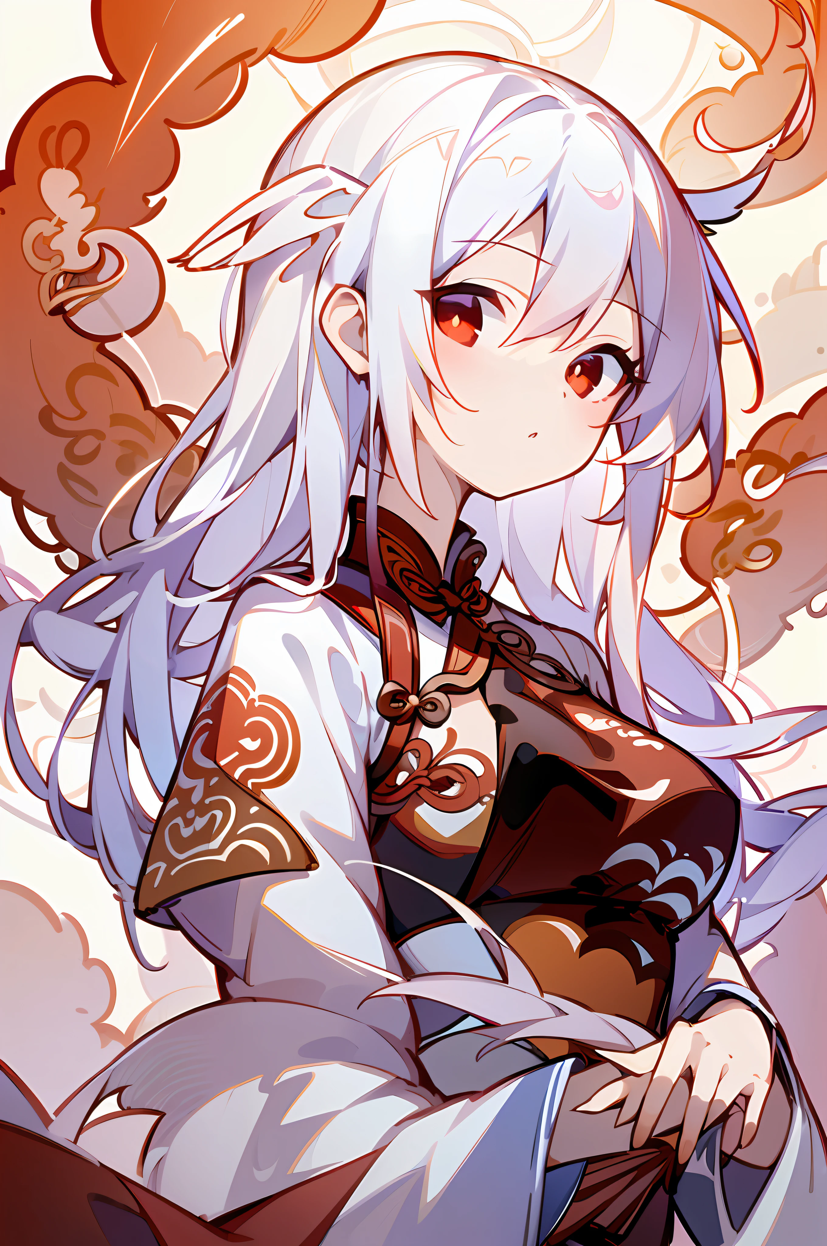 Stunning masterpiece, best image quality, super detailed, full of floating, high definition, a girl in cheongsam, beautiful figure, white hair, red eyes (1.2), dynamic posture, white and red flowers, cloudy and misty, watercolor effect, perfectly depicted.