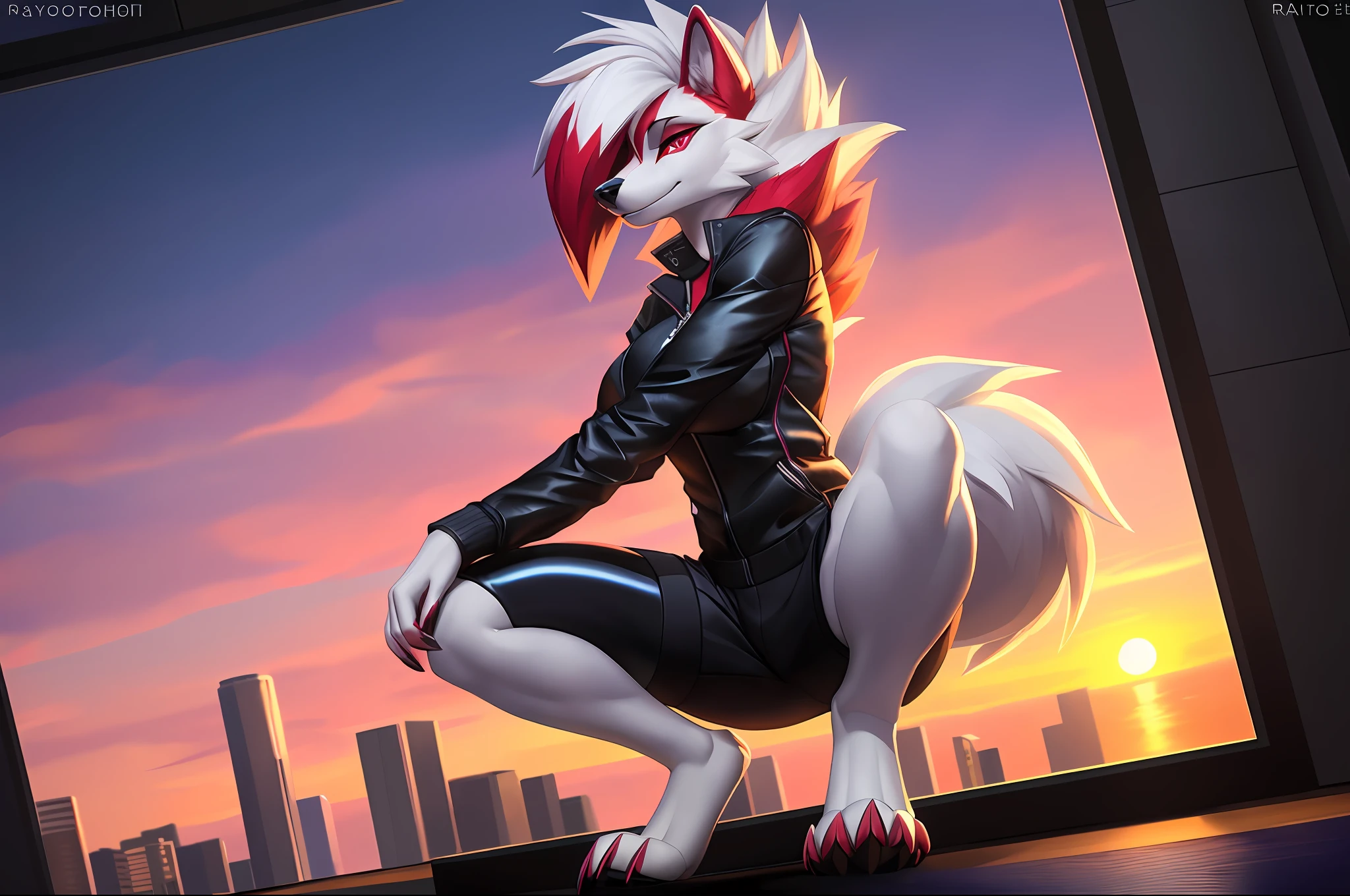 [pokemon; lycanroc midnight], [Uploaded to e621.net; (Foxovh), (Pixelsketcher), (mayosplash)], ((masterpiece)), ((solo portrait)), ((furry; antrho wolf girl)), ((detailed fur)), ((raytracing)), ((detailed shading)), ((beautiful render art)), {(anthro pokemon; lycanroc midnight, red fur, white belly), (bright red eyes; white sclera), long white spiky hair, seductive gaze; (bedroom eyes, smug smirk), large boobs, (black biker shorts; latex, reflective textures), (black zip-up track jacket; unzipped), (feet; wolf paws), athletic body}, (squatting; on wrestling mat, seductive pose), [background; open room, (window; sunset, orange and pink sky)]
