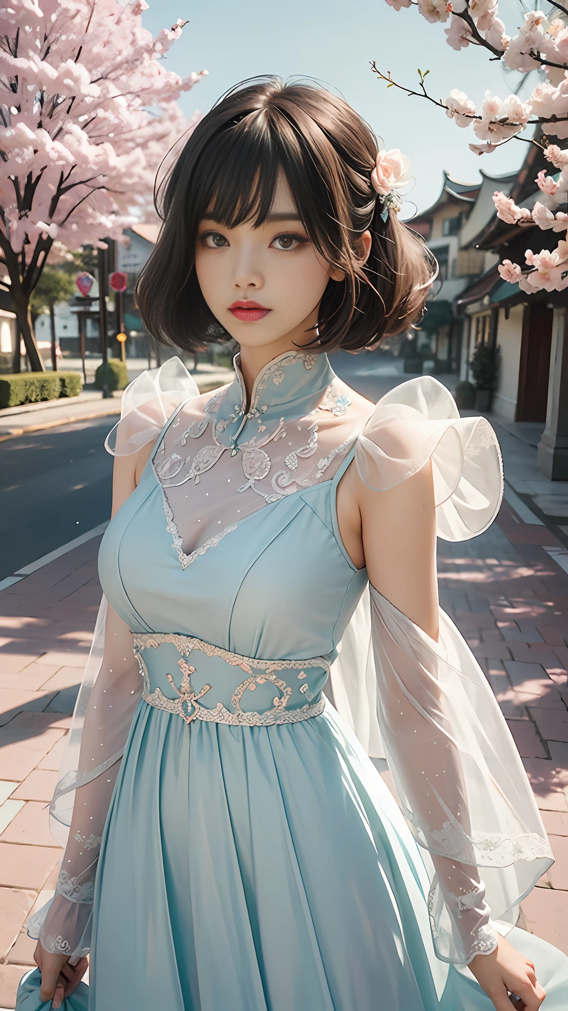 (Fluorescent color: 1.4), (Translucent: 1.4), (Vintage filter: 1.4), (Fantasy: 1.4), Dream World, Chang'an City Ancient Ethereal Soft Fluffy Soft Landscape Cherry Blossom Petals Pale Pink Sky Green Blue Sparkling Ethereal Light Soft Whimsical Light Rainbow Stars Sparkling Diamonds Ancient Background Ultra Realistic Ultra High Quality Cinematic Lighting Huge Details Full HD Painting Well lit, diagonal bangs,
Colorful wedding dress, side
Masterpiece, Best Quality, Real Skin, (Portrait: 1.5), 1 Girl, Long Bangs, Short Hair