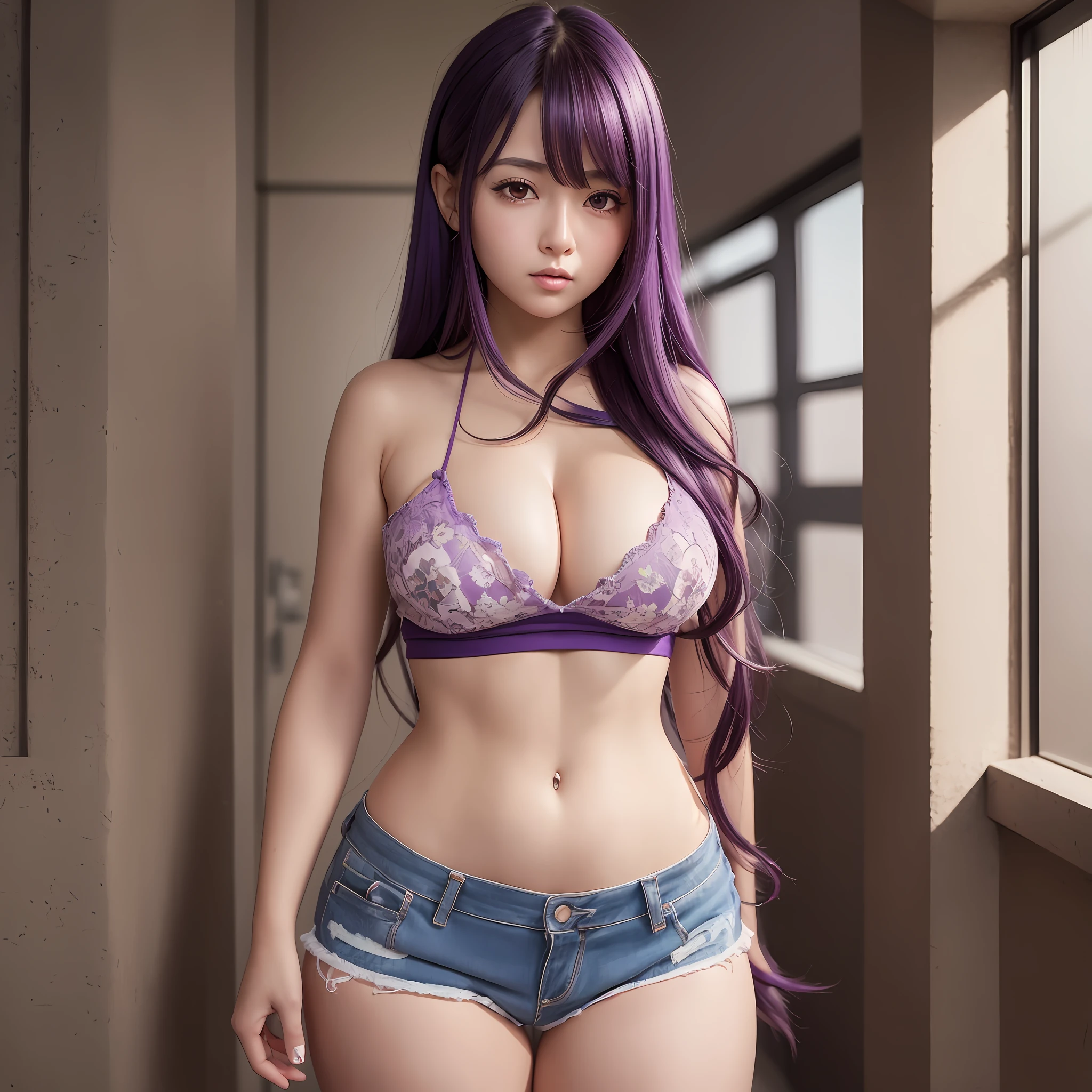 An ultra-detailed and stunningly beautiful CG illustration depicting a sultry with sweet purple hair, sharp brown eyes, a ruddy face, standing tall in shorts with her belly exposed, her beauty exuding sexiness in every pose