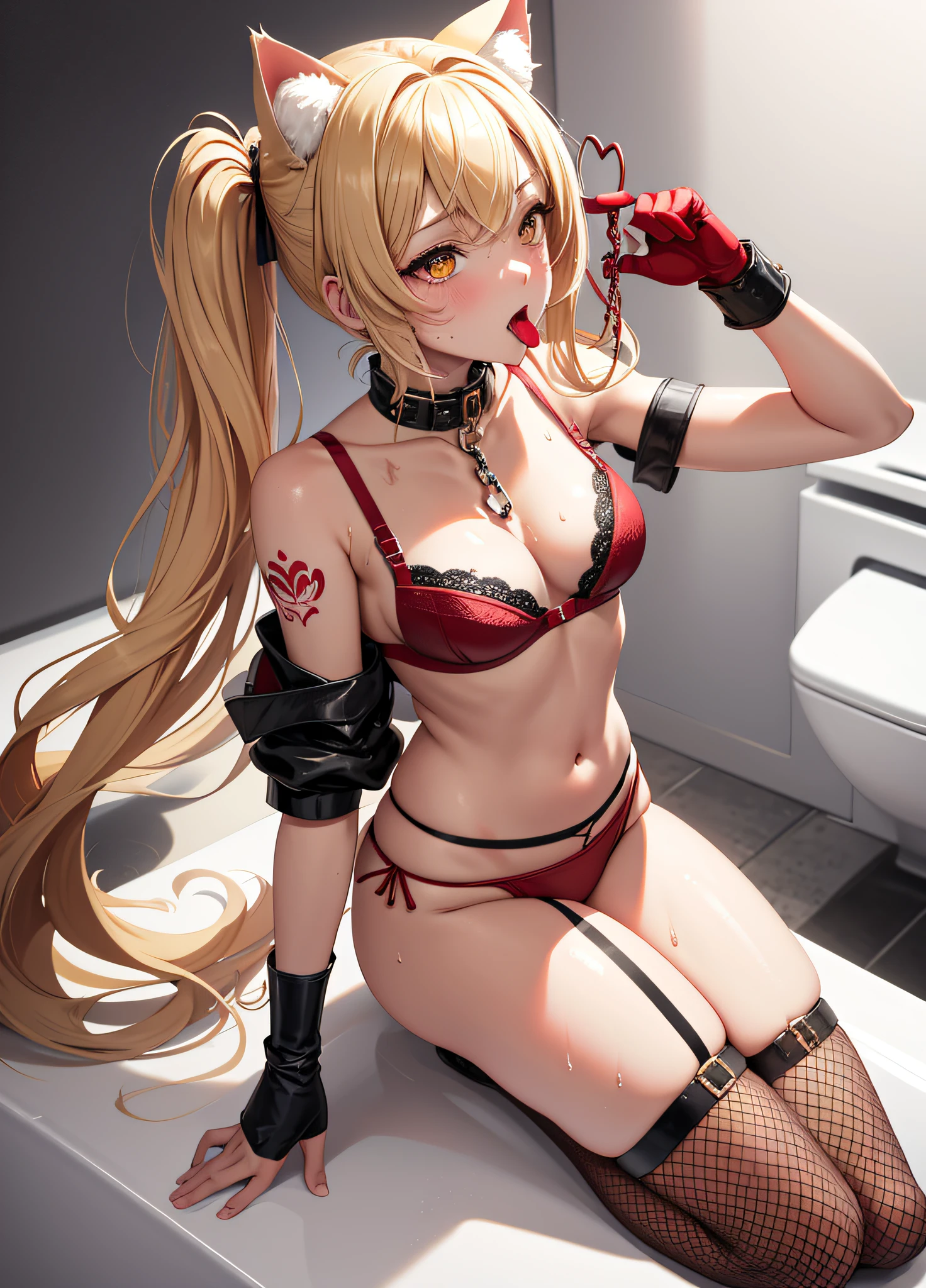 Masterpiece, highest quality, 1girl, solo, blonde twintails, cat ears, golden eyes, black mask, red collar, chain leash, red bra, red pants, fluffy tail, red garter, black fishnet stockings, thigh straps, tattoo of a red and very large heart under the navel, happy, very sweaty, wet all over the body, (red cheeks), looking up, Mouth wide open and tongue sticking out, butt sticking out on all fours, wagging tail, ((dirty toilet))