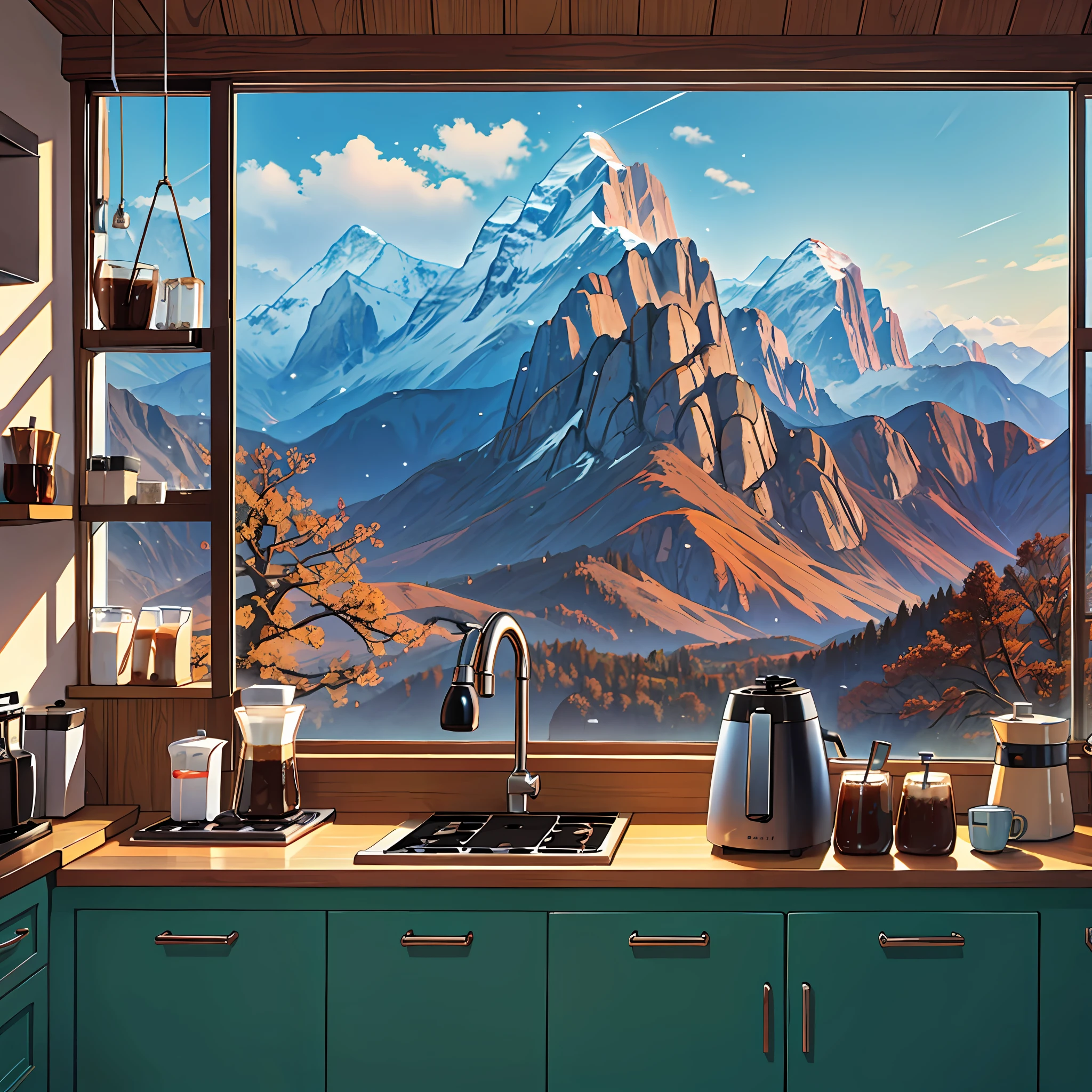 coffee machine in kitchen, mountains outside window