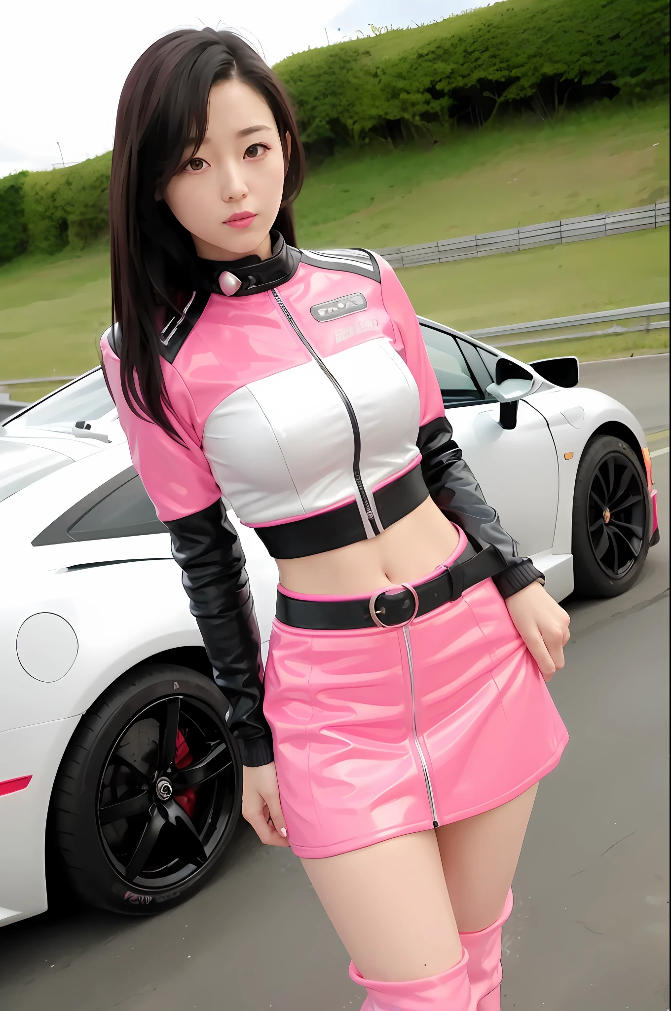 arafed woman in pink and white outfit standing next to a white sports car, anime girl cosplay, cosplay, ayaka cosplay, ((pink)), anime cosplay, tifa, irelia from league of legends, senna from league of legends, tifa lockhart, d. va from overwatch, wearing atsuko kudo latex outfit, slick pink armor