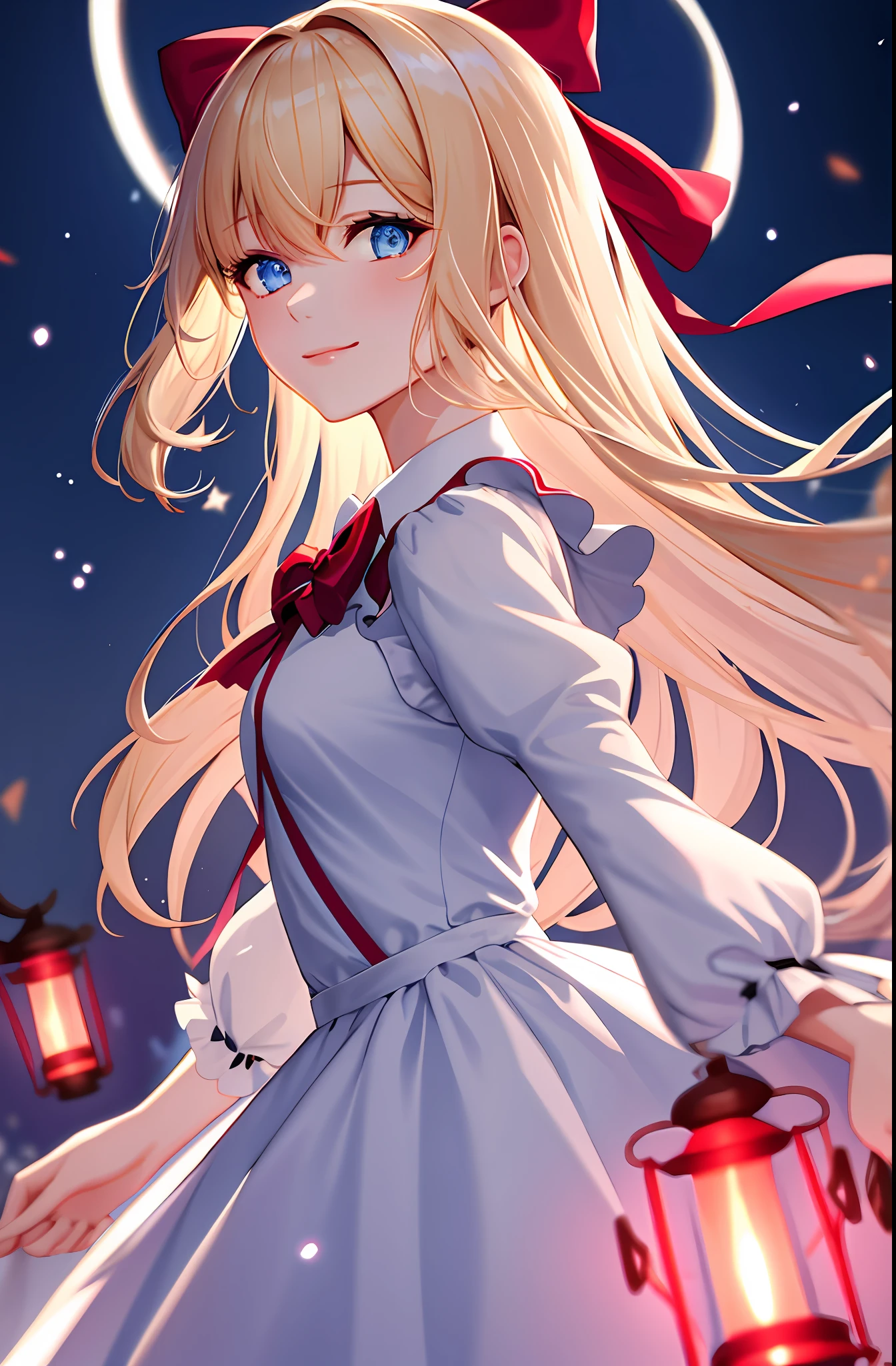 (extremely delicate and beautiful:1.2),1girl, bangs, blue eyes, blurry, blurry background, bow, blonde  hair, closed mouth, from side, hair between eyes, hair bow, lantern, light particles, long sleeves, looking at viewer, medium hair, night, red bow, solo, star \(symbol\), upper body,smile,red lips