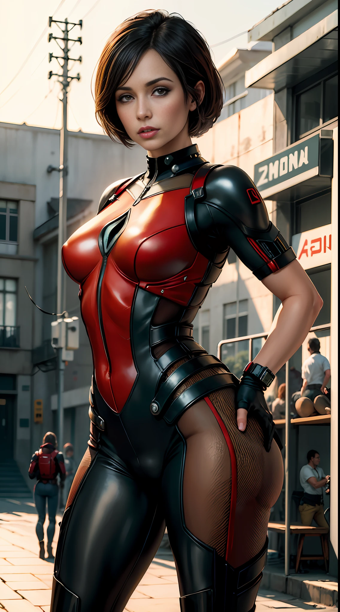 Ant-Man, bustling street, (inspired by Mass Effect), Ant-Man suit, safety rating, breast enlargement, fat buttocks, leather pants wrapped around hips (8k, foto raw, fotorrealista: 1, 25), (muito brilho labial, muitos cílios, melhor qualidade, ultra alta resolução, profundidade de campo, Aberração cromática, luz ampla, cor natural, distant image (1:2)