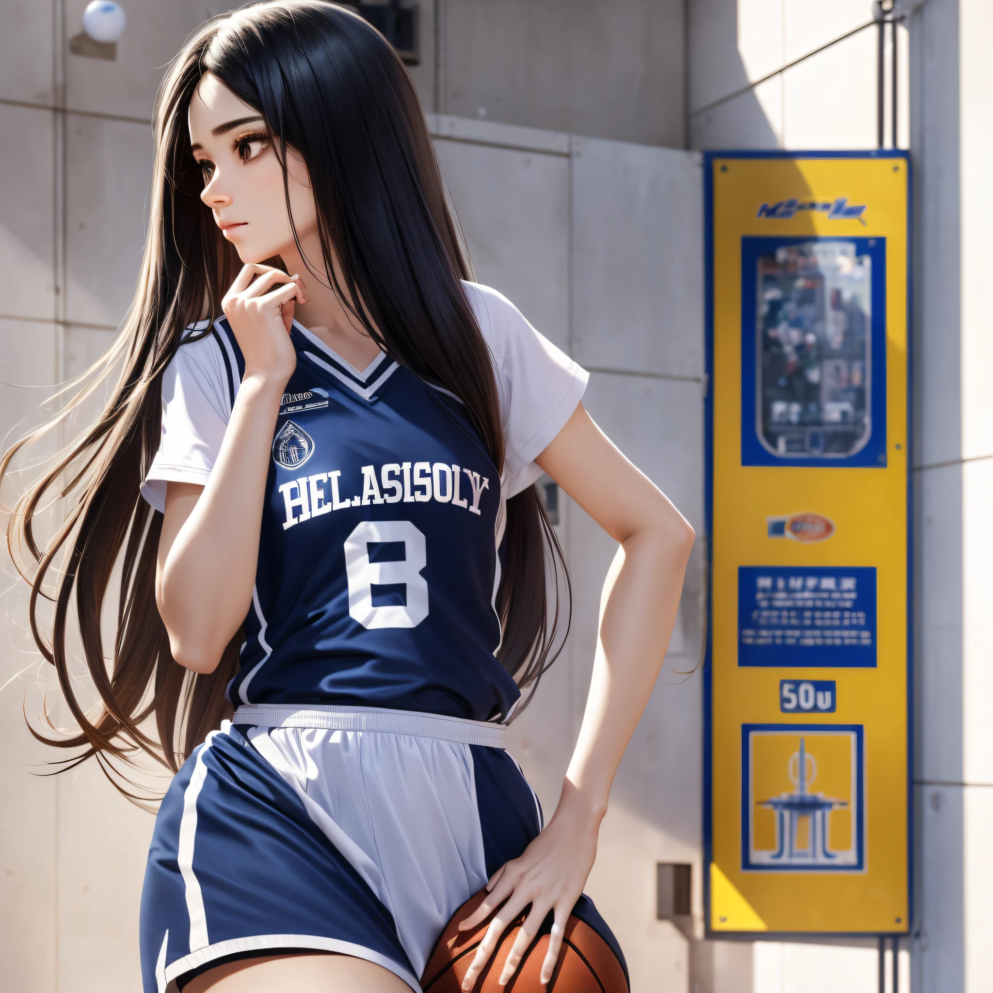 (8k, Best Quality, Masterpiece: 1.2), (Realistic, Realistic: 1.37), Ultra Detailed, Best Quality, Ultra High Resolution, Professional Lighting, Photon Mapping, Radiosity, Physically Based Rendering, Cinematic Lighting, Basketball court, depth of field, clear focus, sunlight, good composition, (bokeh: 1.2) 1girl, solo, (full body), (closed mouth), beautiful and detailed eyes, pose, narrow waist, basketball uniform, black hair , messy hair, long hair blowing in the wind, (ulzzang-6500:1.2) mix4, hiqcgbody --auto --s2