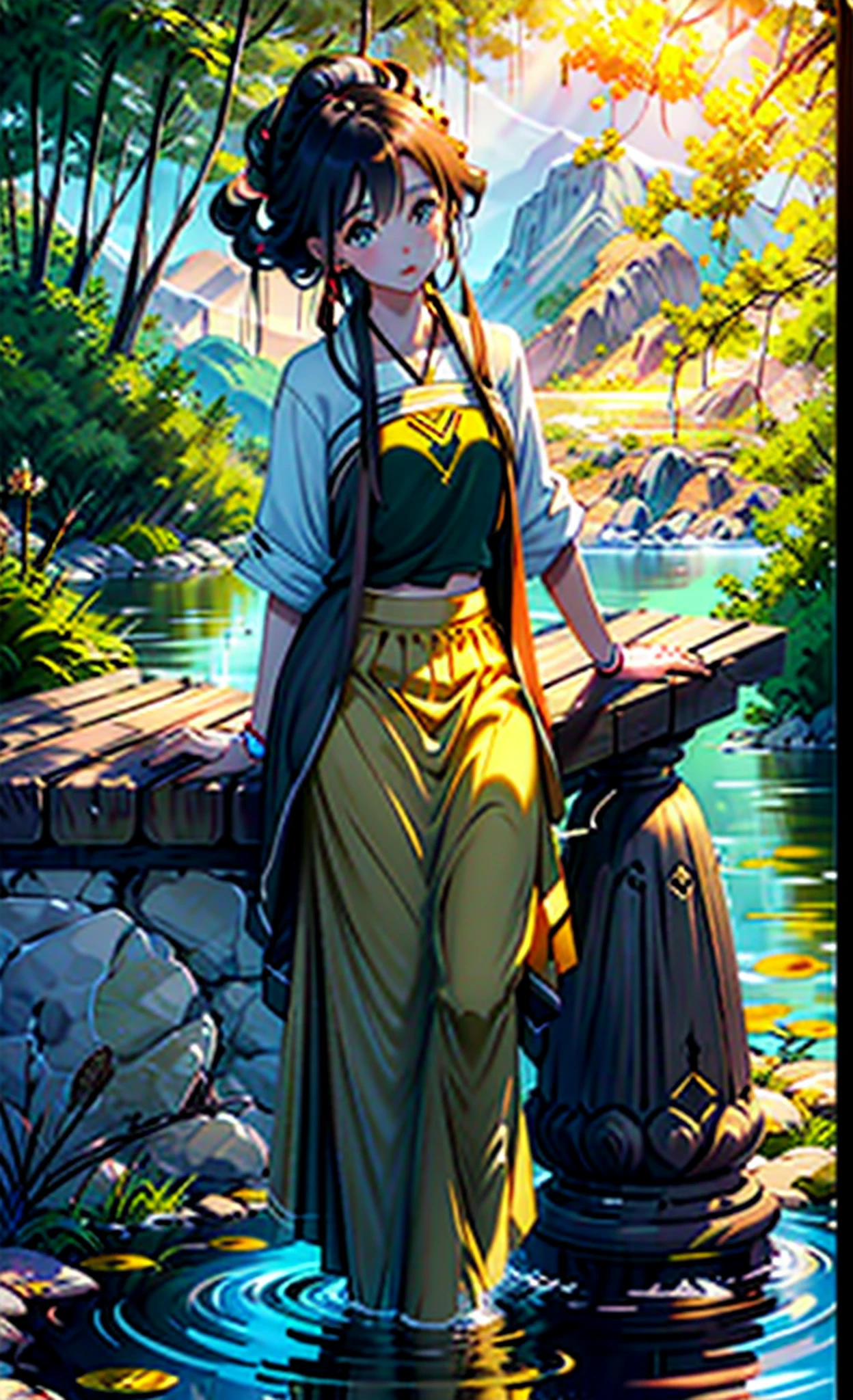 3 girls, calm expression, charming eyes, straight hair, flowing skirt, calm posture, porcelain-like skin, subtle blush, crystal pendant BREAK Golden Hour, (edge lighting): 1.2, warm colors, sun flare, soft shadows, bright colors, painting effects, fantastic atmosphere BREAK Scenic lakes, distant mountains, willows, calm water, reflections, sunlit clouds, tranquil atmosphere, idyllic sunsets, ultra-detailed, official art , Unity 8k wallpapers, Zentangle, Mandala