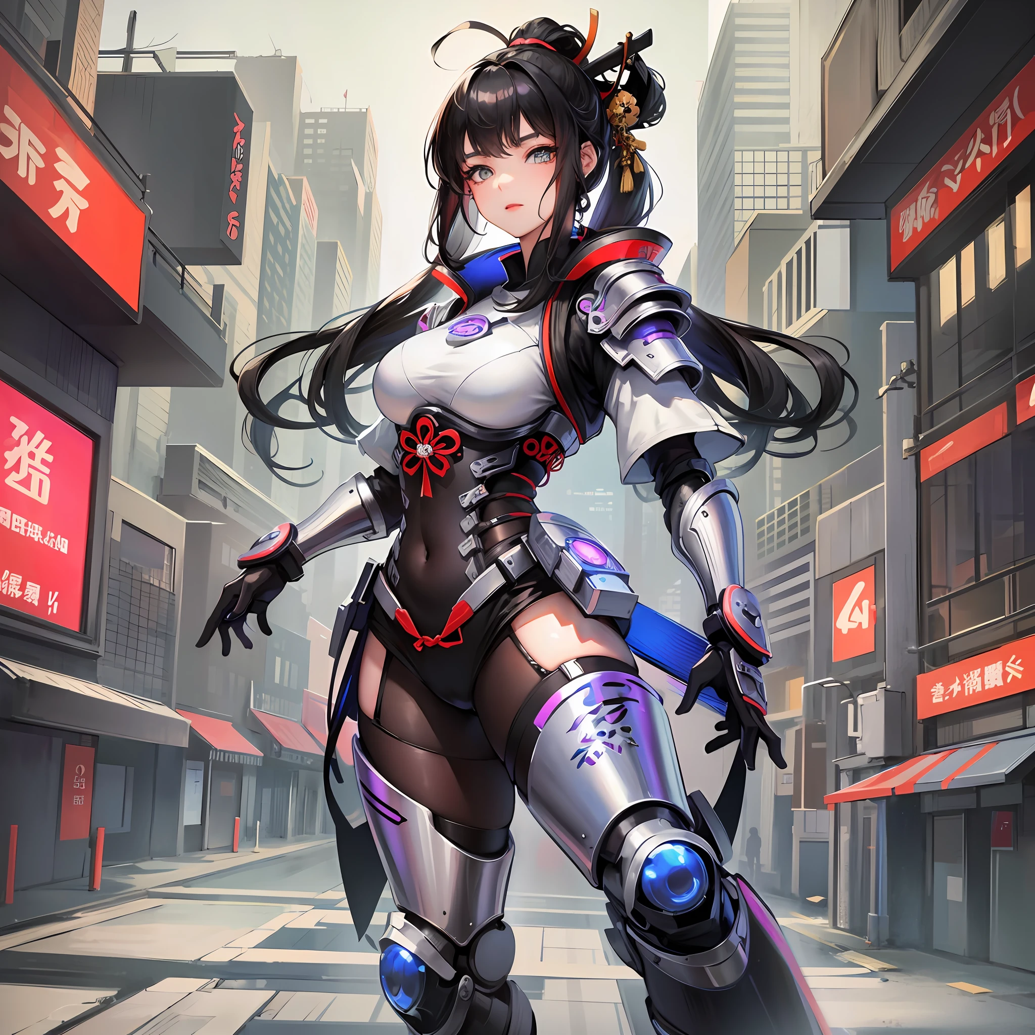 A detailed drawing of an Asian girl wearing samurai-style cybernetic armor in a futuristic city based on traditions. --auto --s2