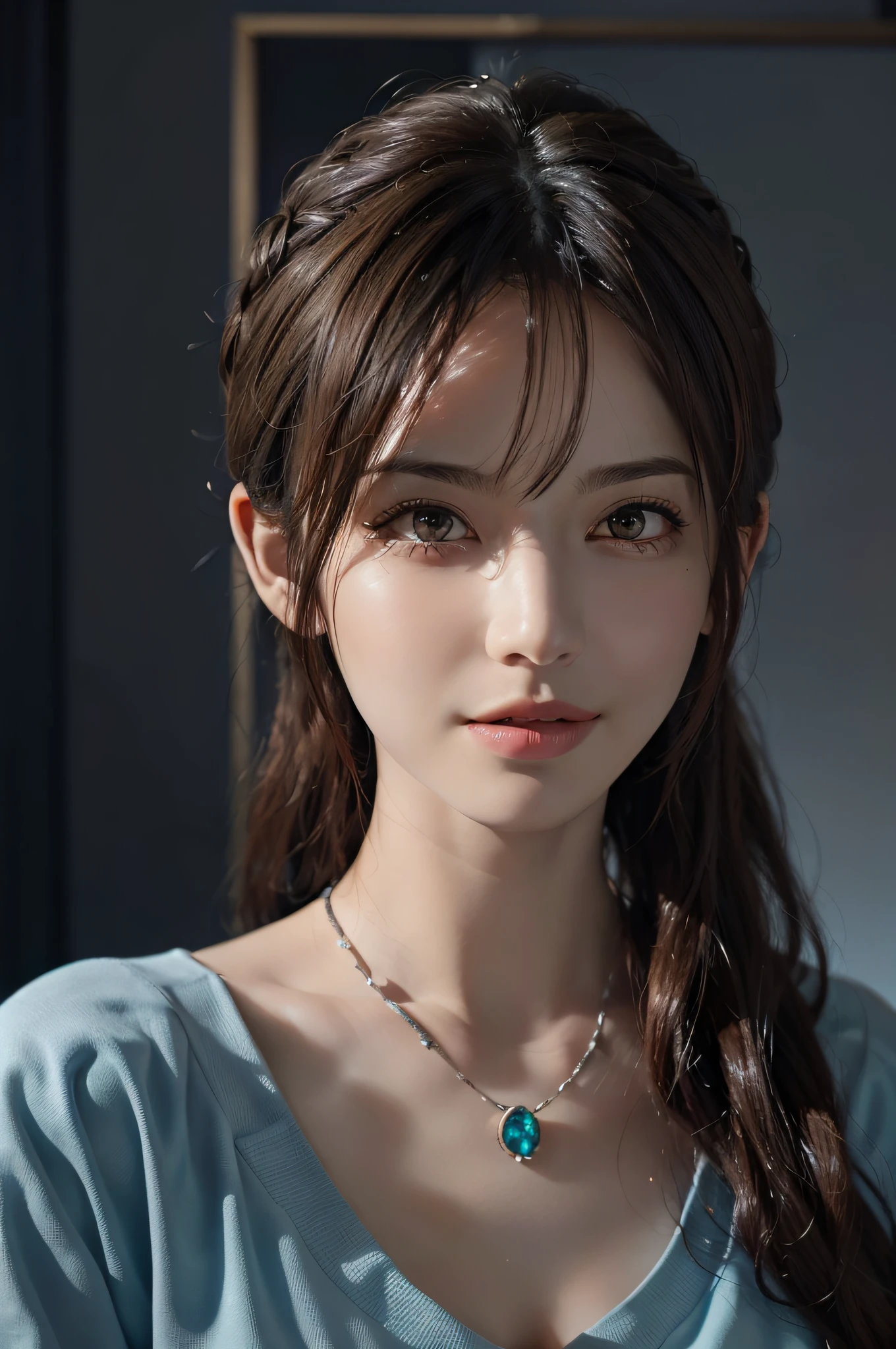Portrait of a young and beautiful girl, delicate facial features, clear eyes, fantasy art, photorealism, dynamic lighting, artstation, poster, volumetric lighting, very detailed faces, 4 k, award-winning, 1girl, in the bedroom, bright lights, low profile, school uniform (formal wear: 1.4), long hair, brown-black hair,