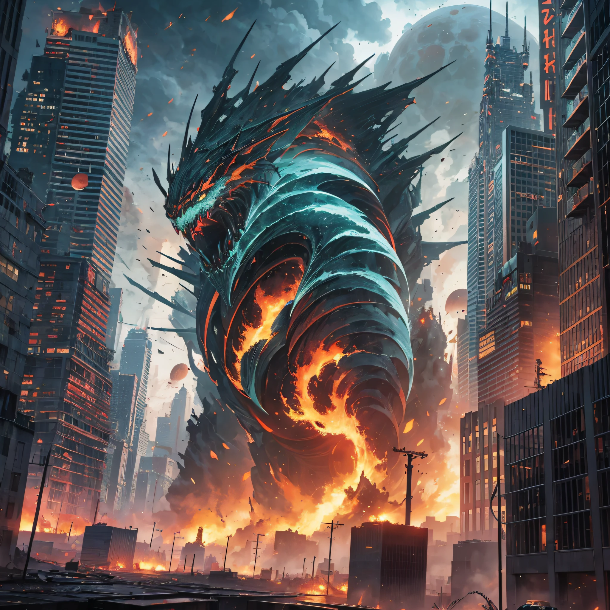 Blood Moon, the city, huge monsters in the destruction of the city's tall buildings, fire, explosions, tornadoes, green thin clothes, unleashing spells