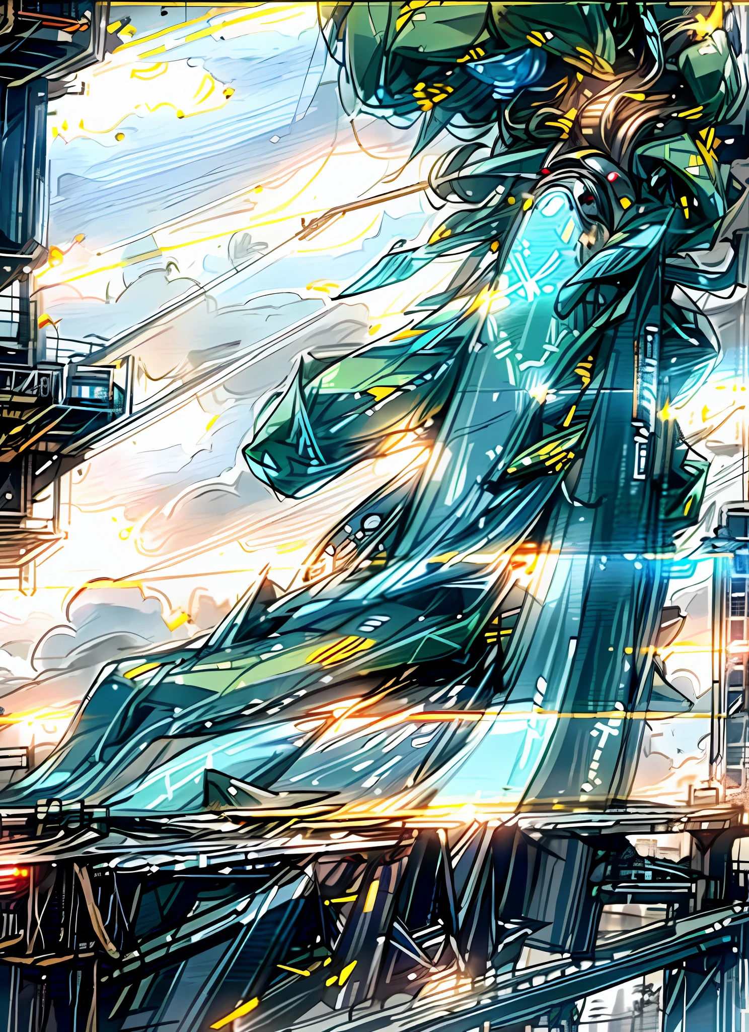 sky, cloud, holding_weapon, no_humans, glowing, , robot, building, glowing_eyes, mecha, science_fiction, city, realistic,mecha