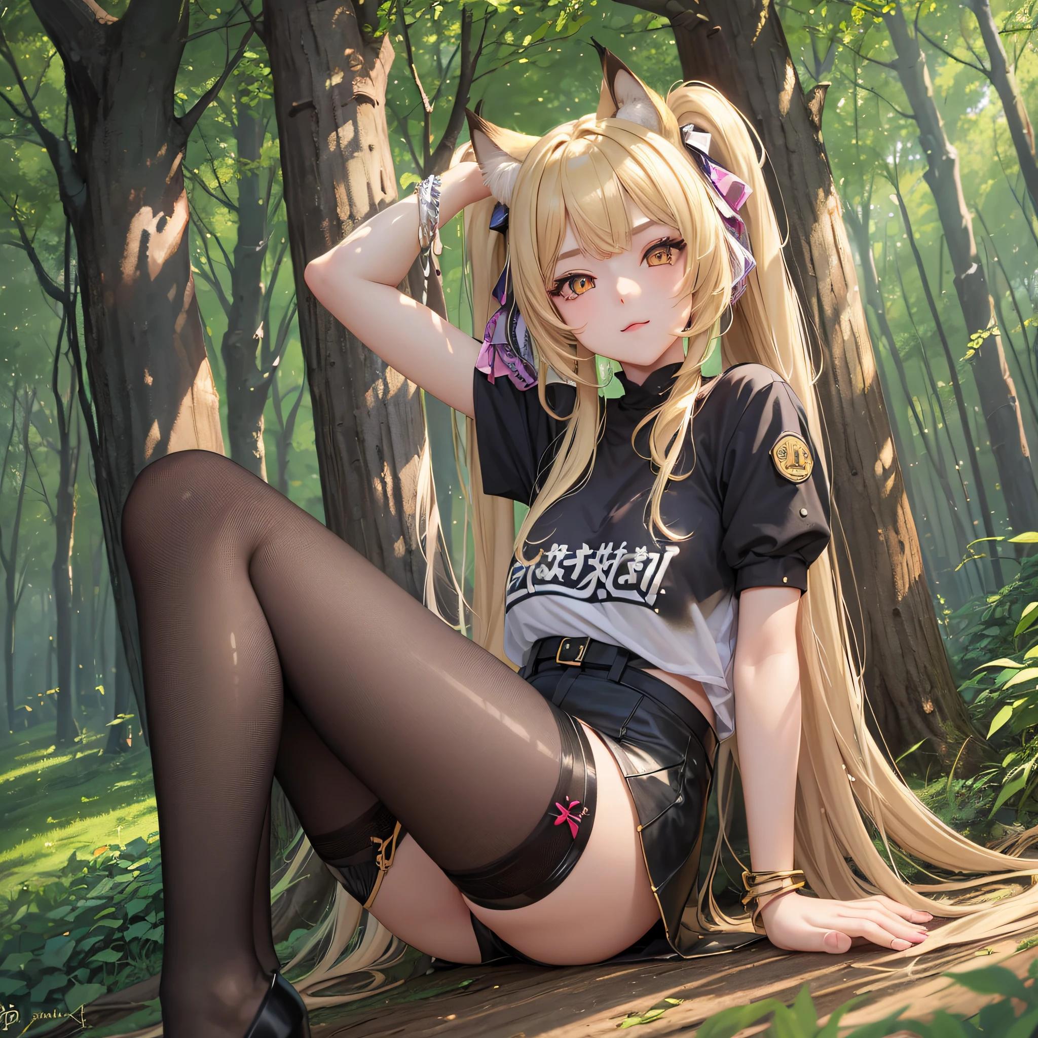 Masterpiece, Top Quality, 1girl, (Young Woman), Solo, Blonde Twin Tails, Big, Cat Ears, (Golden Eyes), (Long White Parker), T-shirt, Hot Pants, Black Fishnet Stockings, Happy, Looking Up, (Wooded Park) --auto --s2