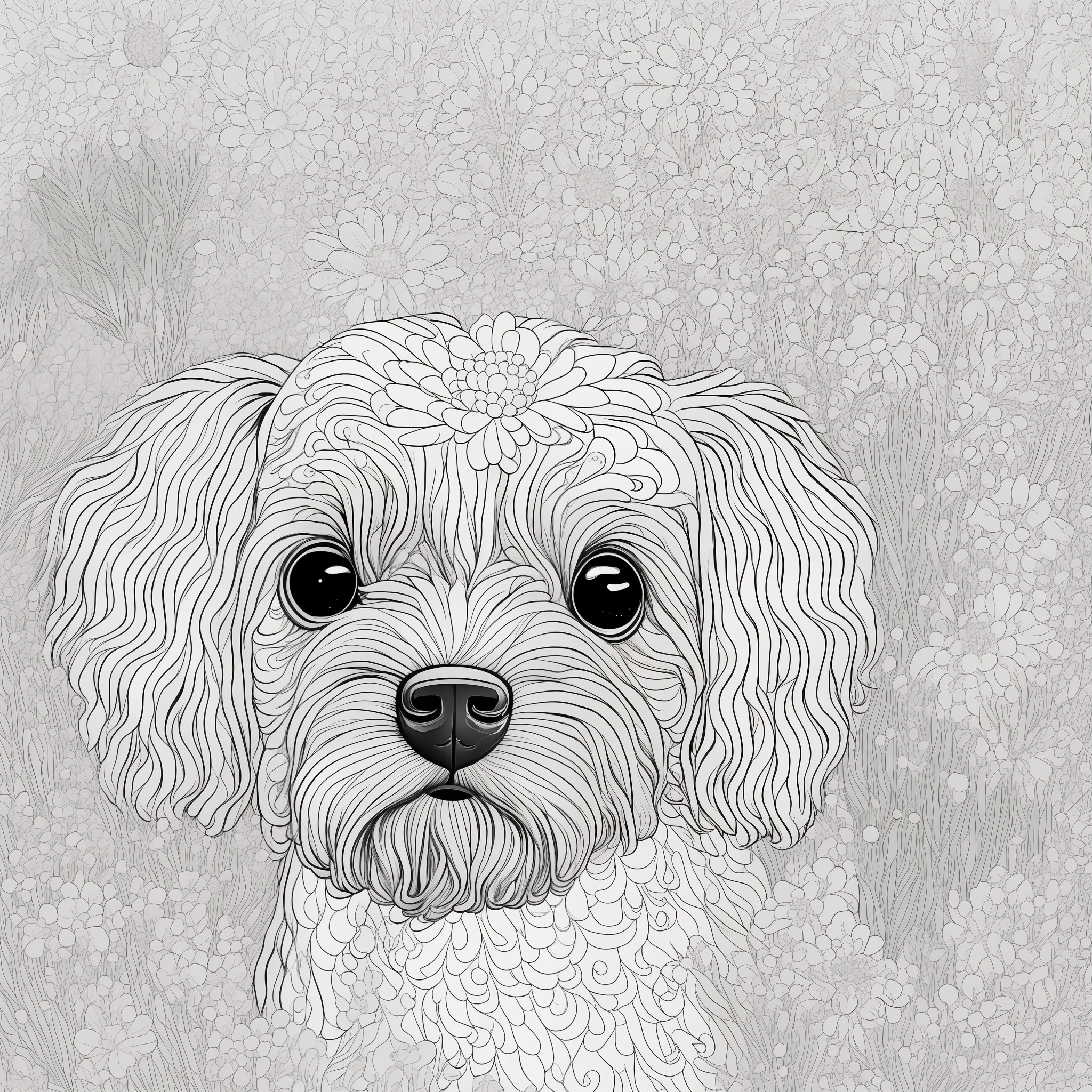 Shiatsu puppy, gorgeous, intricate details, fine lines, simple, (white background), detailed line art, full page, on paper, black and white, flowers around, 8K resolution, coloring book for adults.