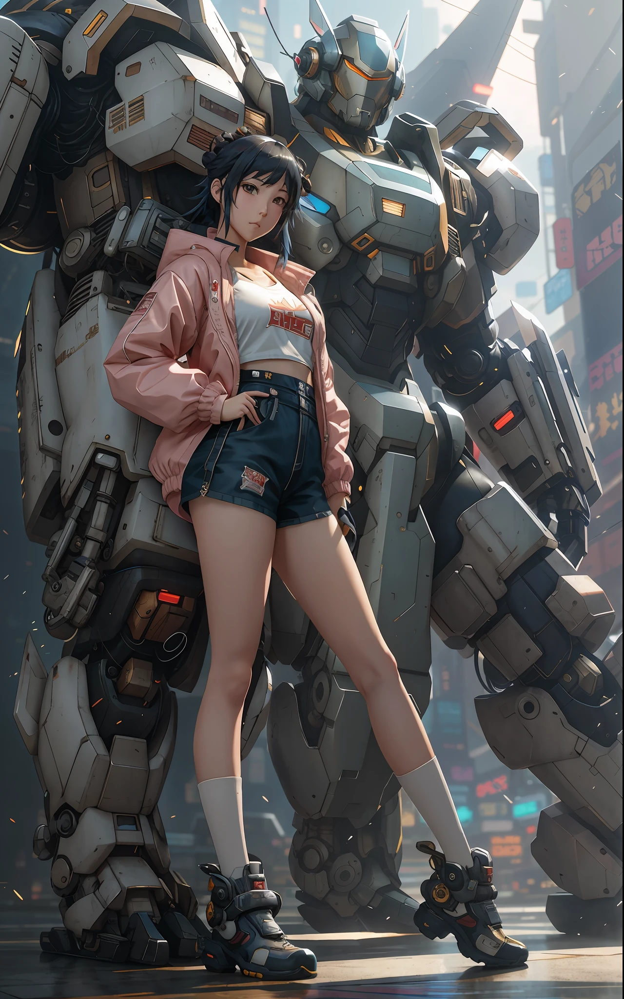anime girl in short shorts and jacket standing next to giant robot, artwork in the style of guweiz, cyberpunk anime girl mech, trending on cgstation, guweiz, by Russell Dongjun Lu, digital cyberpunk anime art, ross tran 8 k, guweiz on artstation pixiv, girl in mecha cyber armor