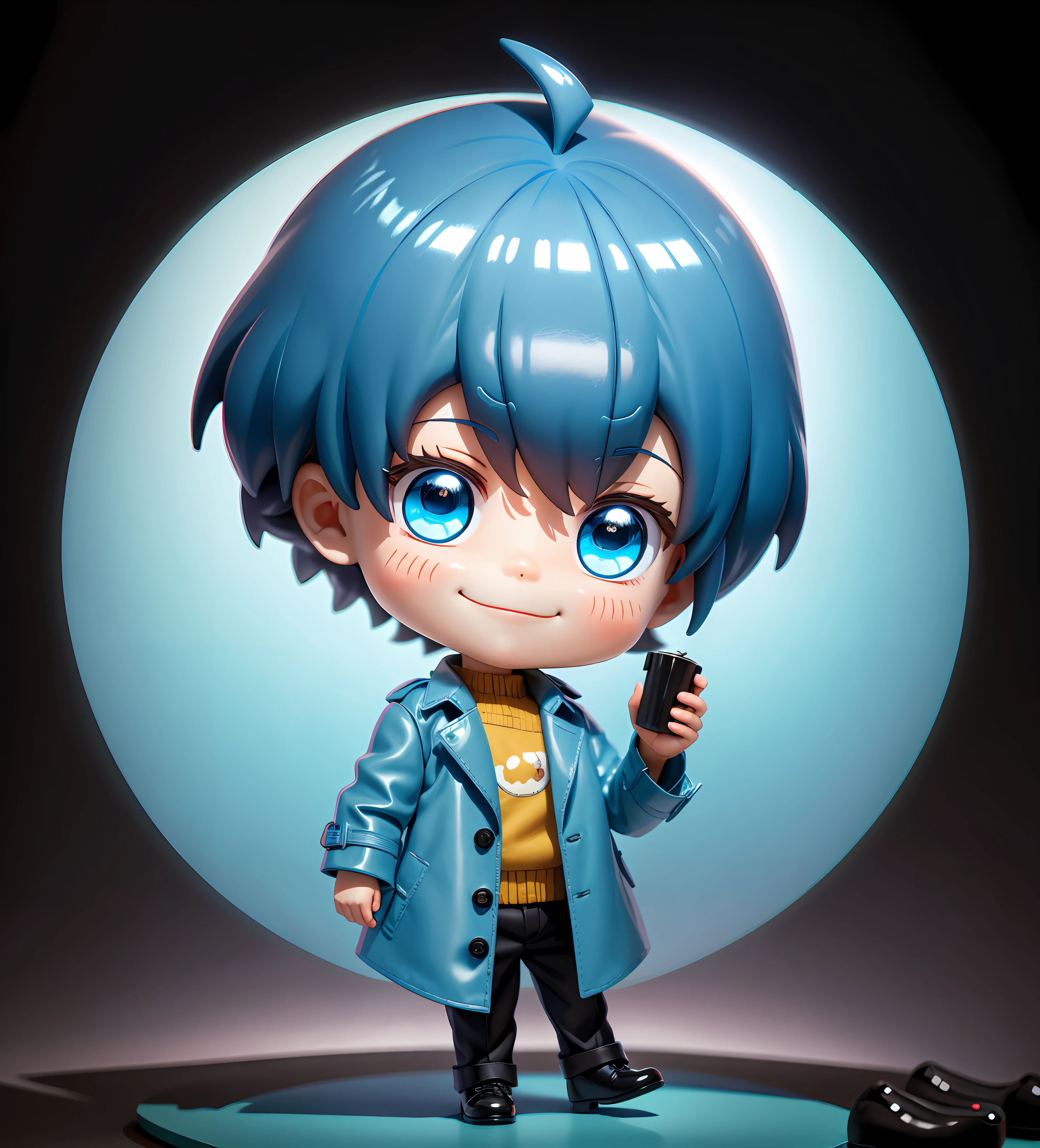 Blind box toy style, blue background, a smiling boy, light blue eyes, coffee trench coat, black trousers, black leather shoes