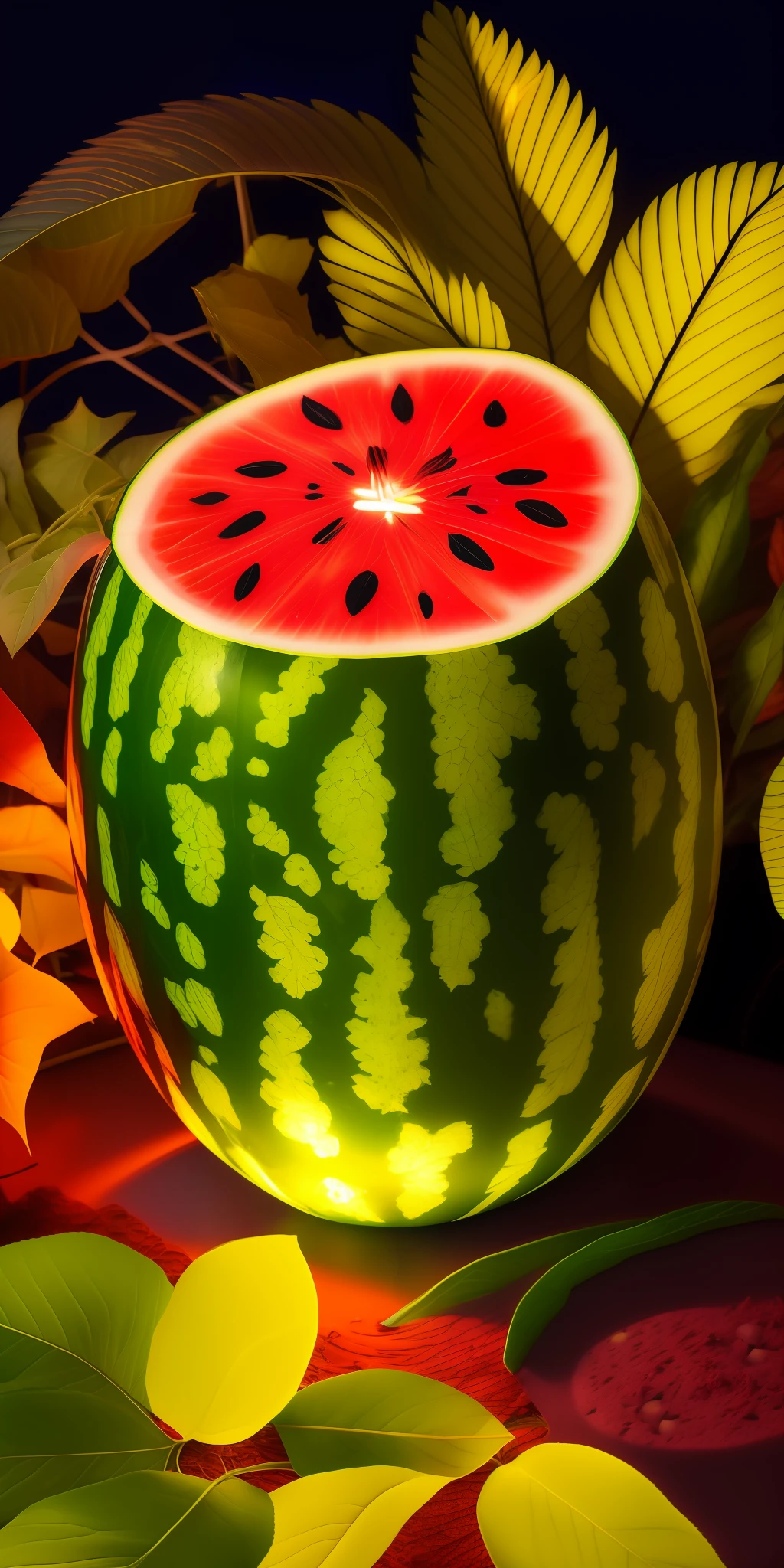 Close-up of a full body with a glass watermelon and a candle that lights up above the leaves of plants. High quality details saturated with colors in the dark of the night.