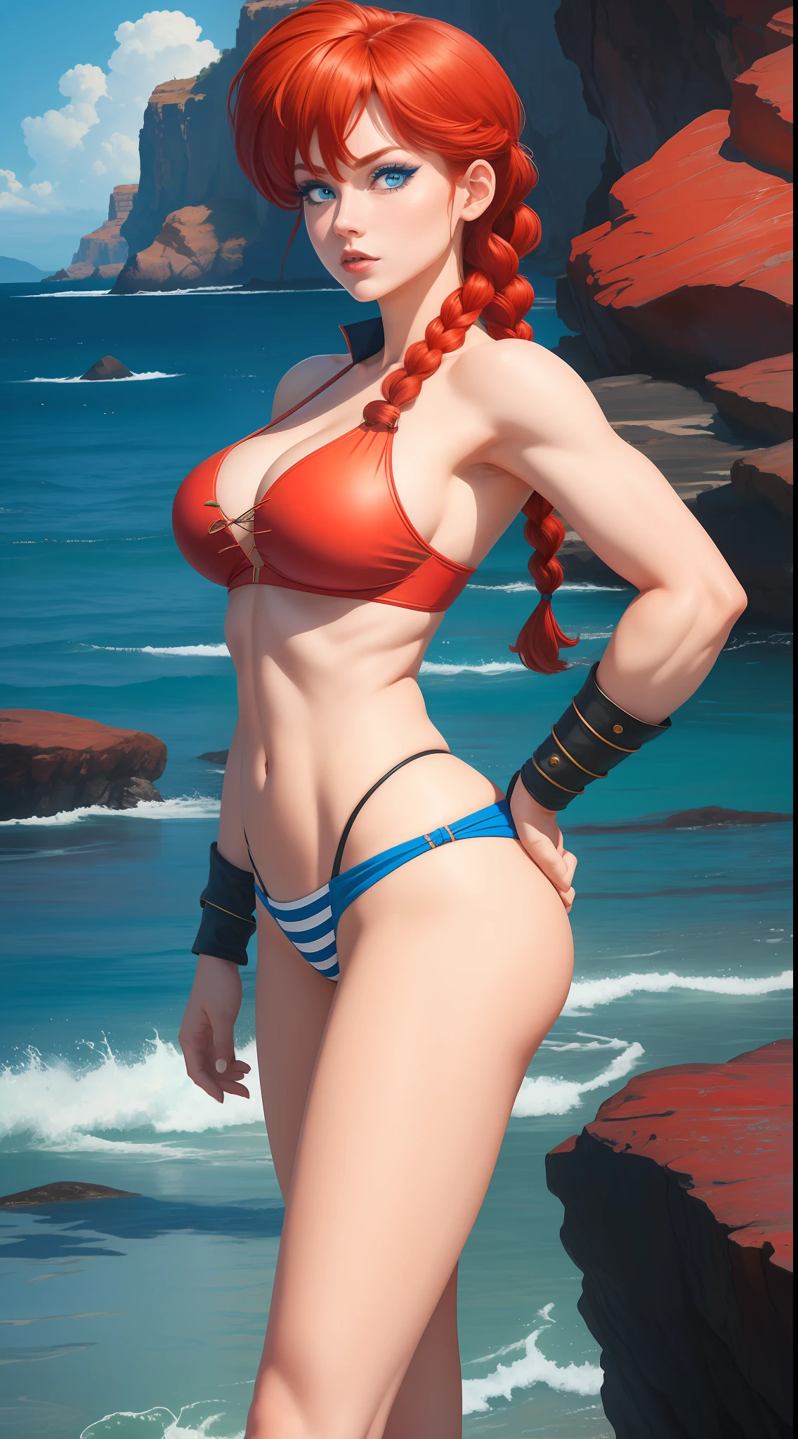 Ranma-chan, single ginger braid, red hair, braided ponytail, 8k, realistic, (big blue eyes:1.3), extremely attractive, very detailed, a 20 year old girl in swimsuit, superhero theme, 20 years old, full body, ray traced image of Arthur Pan, trending on Artstation, Digital art, psylocke, red and cinematic lights, dramatic shadows and beautiful vibrant colors, The color captures the scene, Romantic Art Style, Intricately detailed woman, leather bikini, tiger striped bikini, view from the side, perfect ass, full body, ((slender body)), beach scenery, deep cleavage