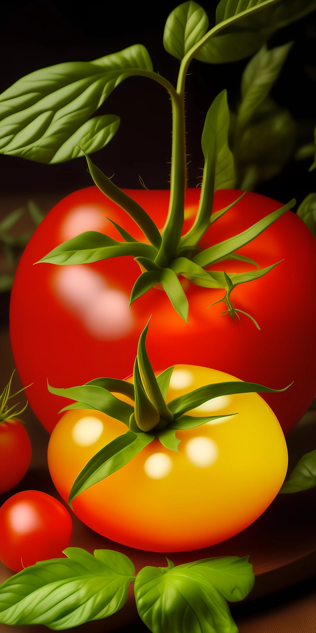 Close-up of a full body, a glass tomato, and a candle that lights up the leaves of plants. High quality details, saturated with colors, in the middle of the night