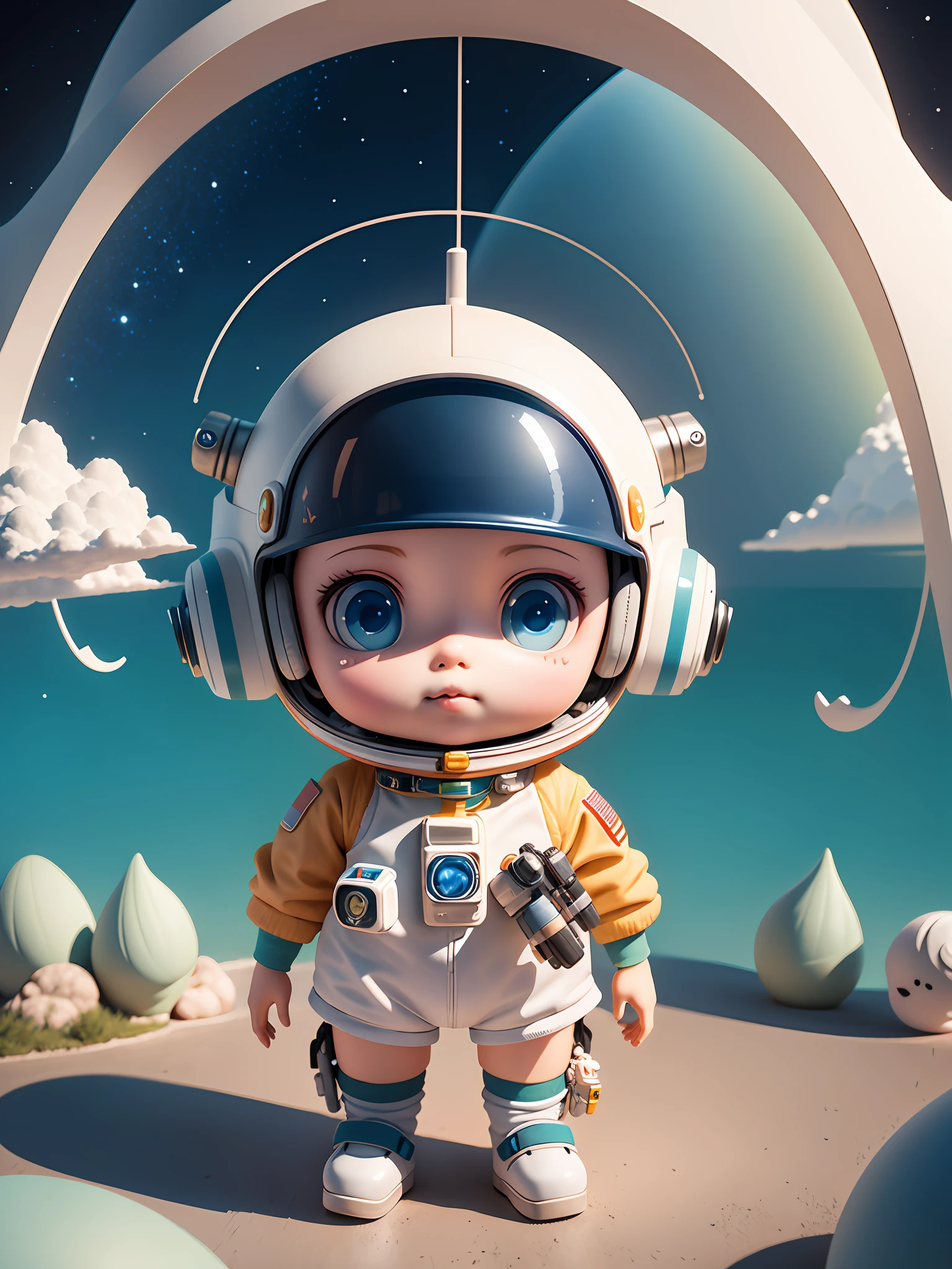 There is a little doll with helmet and helmet, cute 3d rendering, little astronaut looking up, portrait anime space cadet boy, cute 3d anime boy rendering, cute detailed digital art, male explorer mini cute boy, 3d rendering stylized, 3d rendered character art 8k, cute digital painting, anime style 3d, super detailed rendering