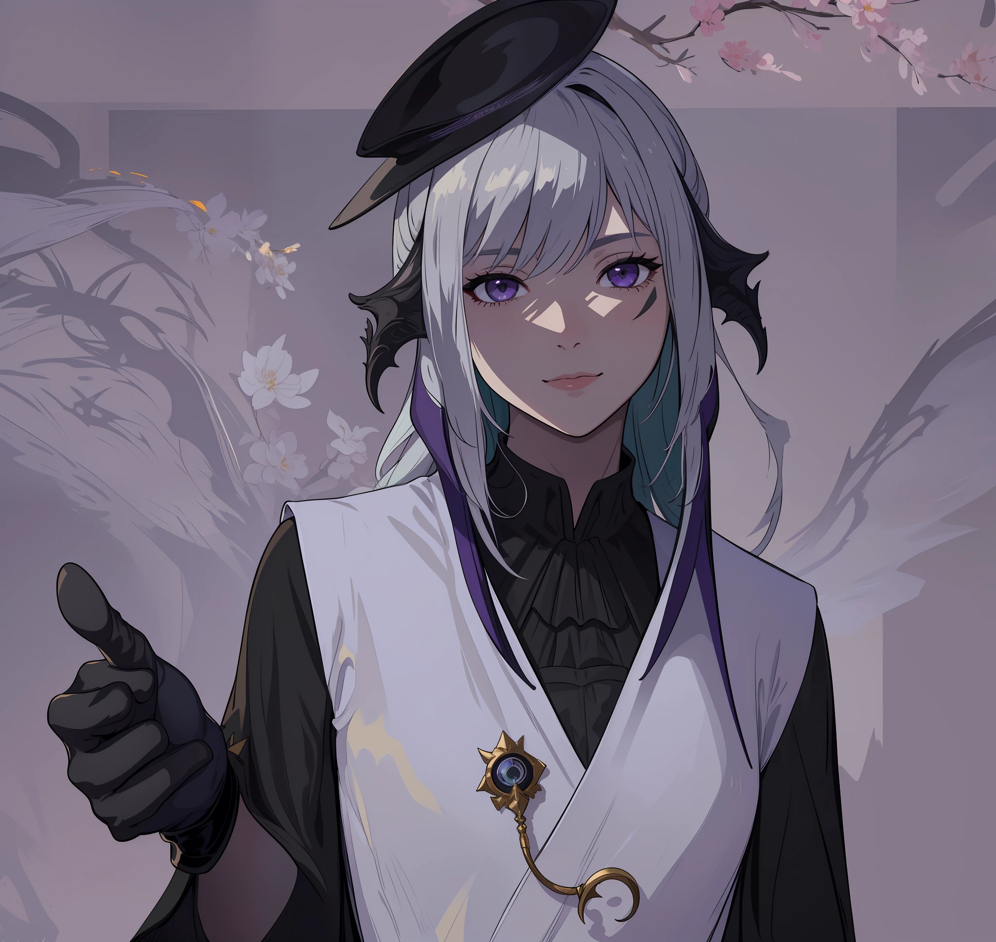 (Masterpiece: 1.2, Best Quality), (Fine Beautiful Eyes: 1.2), (Very Detailed CG Unity 8k Wallpaper, Masterpiece, Best Quality, Ultra Detail, Best Shadow), (Detailed Background), (Beautiful Detail Face, Beautiful Detail Eyes), High Contrast, (Best Lighting, Extremely Delicate and Beautiful), 1girl, (Color Paint Splattered on Transparent Background, Dulux,)), Dynamic Angle, Beautiful Details Glow, Full Body, Denim Shot, Gray Hair, Purple Eyes, There is a woman with a hat and long hair, a character portrait inspired by Ren Renfa, Tumbler, Final Fantasy 14 style, translating on PXIV, FFXIV, he has dark gray hair, NPC with a saint's halo, close-up portrait of a mage, close-up of the character, Final Fantasy 14 Sharp, smile, green hair, portrait, look to the side, Squint, Anime eyes, black silk, V-neckline, black gloves, thumbs, dragon horn