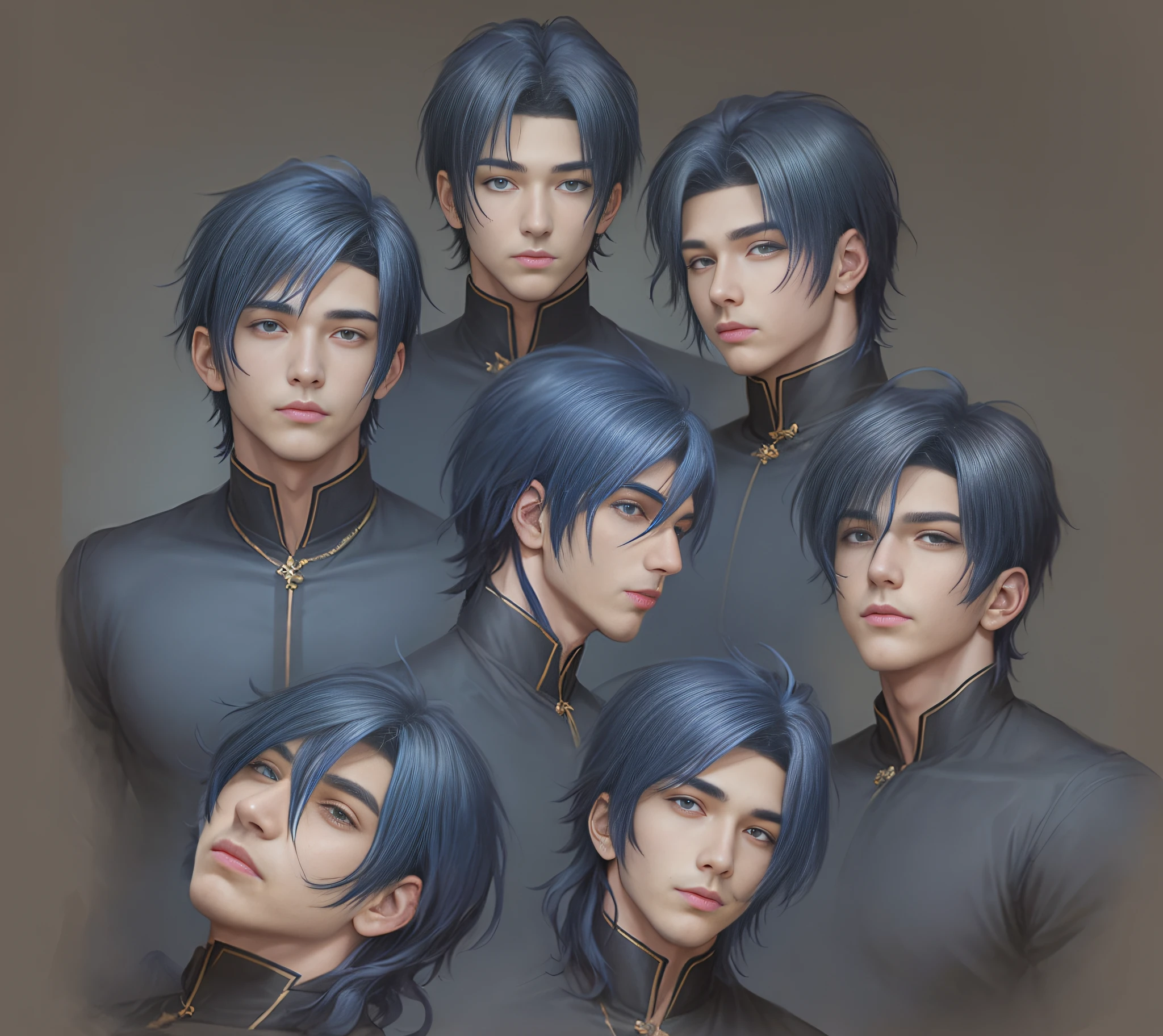 There are six perspectives of a man, (dark blue hair), by Yang J, inspired by Cheng Yanjun, g Liulian Art Style, by Ni Tian, Anime Realist Style, by Ni Yuanlu, by Cheng Yanjun, Guvez style artwork, in the art style of Bovot, human male character art, ((Black Eyes)), with different expressions, smile, happy, cold