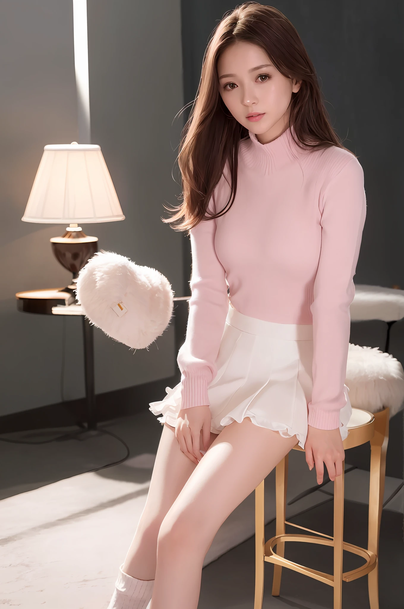 Image quality, high quality, realistic, high-quality costumes, detailed and delicate skin, precise finger modeling, light makeup, indoors, knitwear, long sleeves, pink, white denim mini skirt, skinny, semi-long hair, thin legs, whitening skin