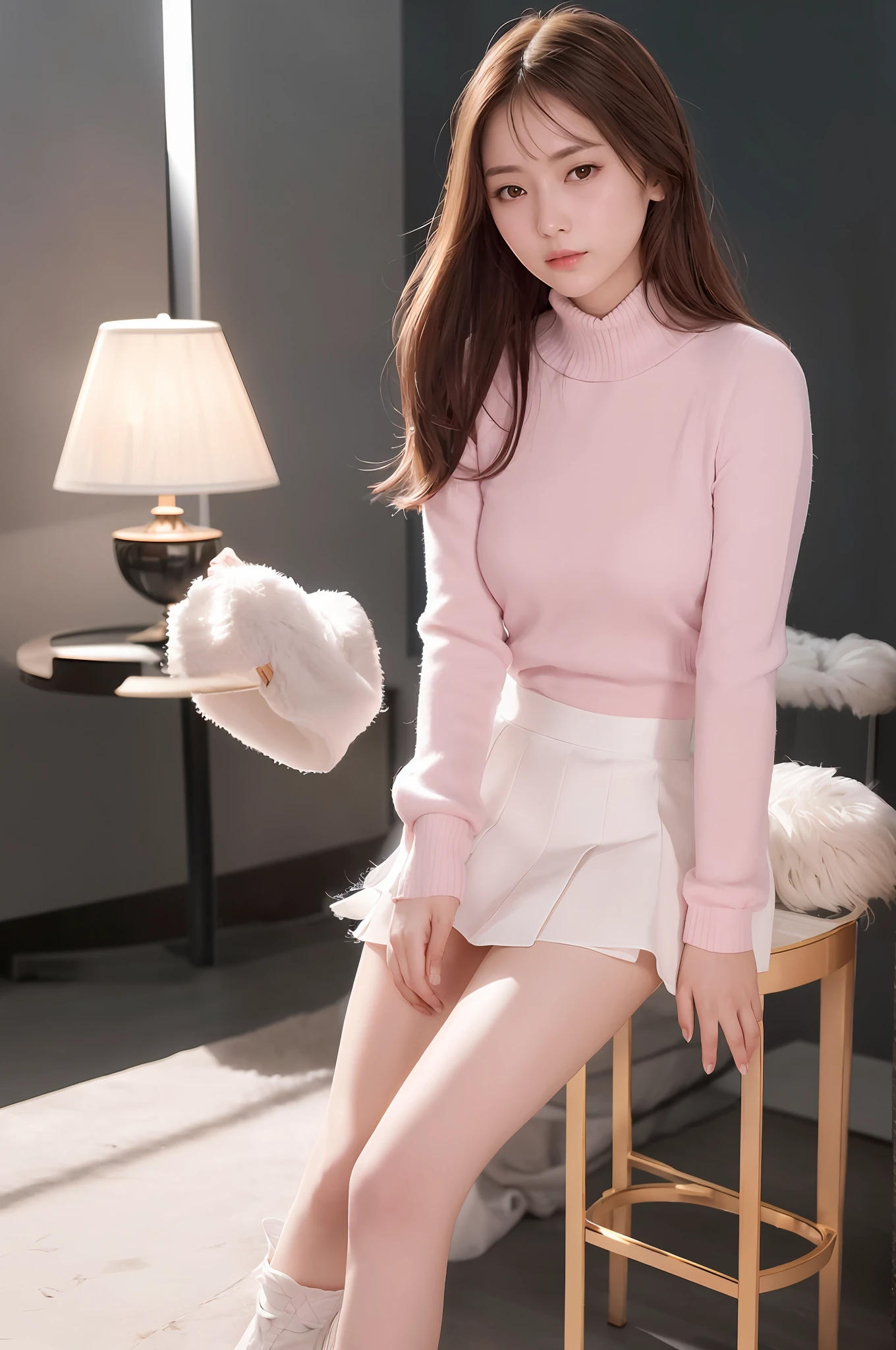 Image quality, high quality, realistic, high-quality costumes, detailed and delicate skin, precise finger modeling, light makeup, indoors, knitwear, long sleeves, pink, white denim mini skirt, skinny, semi-long hair, thin legs, whitening skin