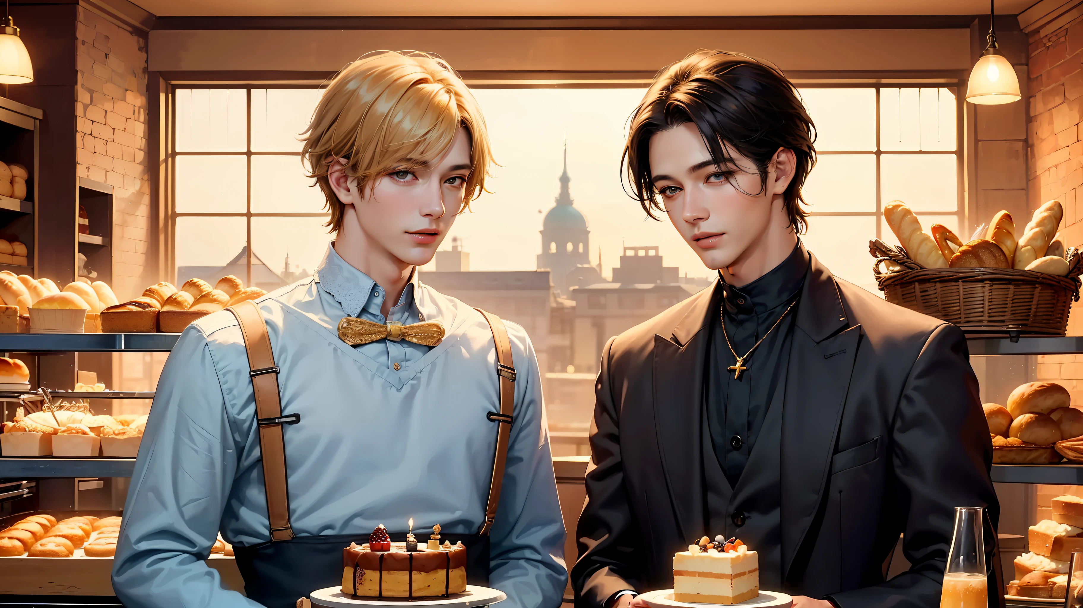 masterpiece, best quality, dreamy bakery background ( cafe background, dim fairy lights, cake and bread baskests), (( Two handsome boys, two males)), cinematic lightning, realistic 1.4, golden ratio, warm tone setting, beautiful males,( korean idol face) devilish smile, potrait, cinematic composition