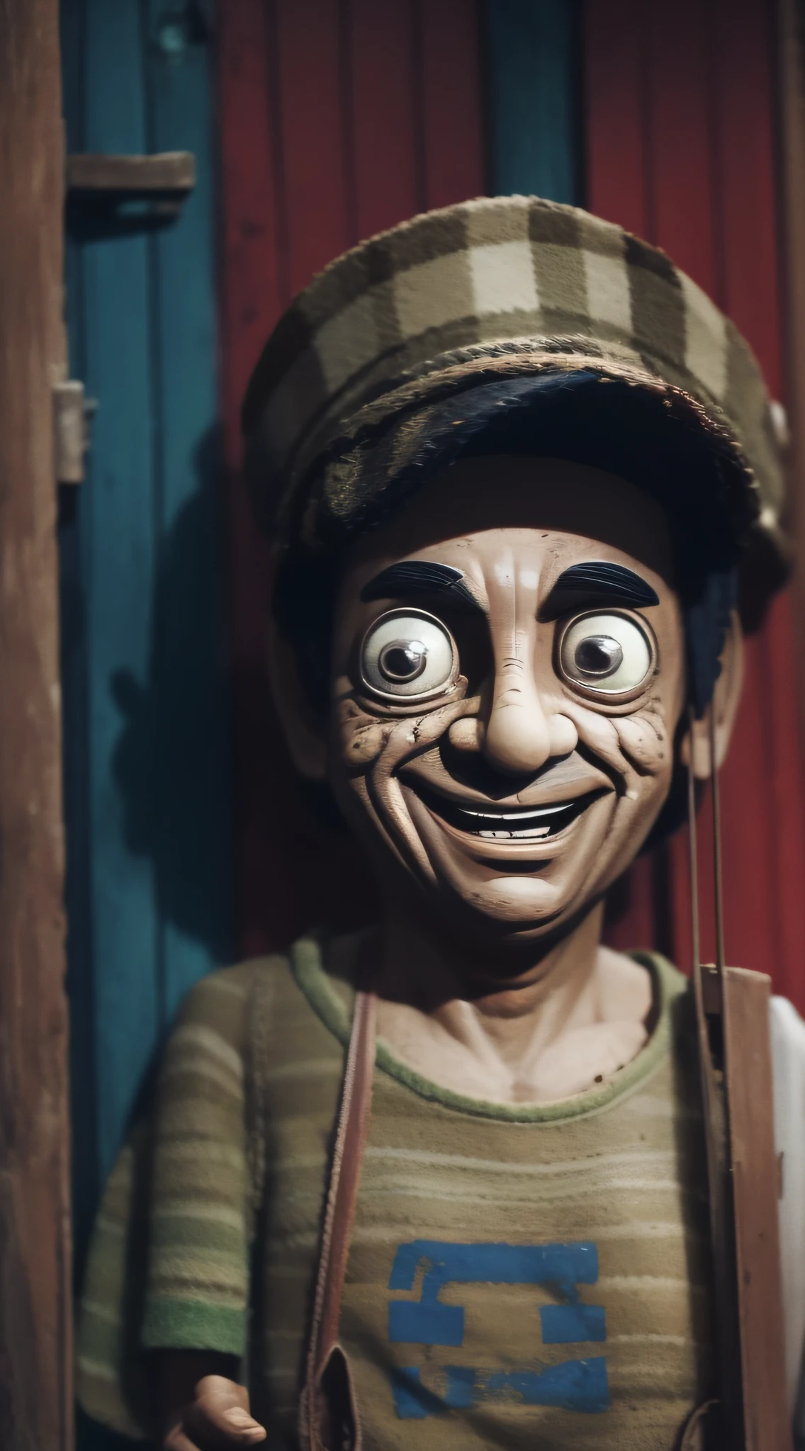 Roberto Gómez Bolaños dressed as El Chavo 8, coming out of an old and dirty chest, scared, sinister smile, big eyes, toxic smile, scared face, cartoon claymation style.