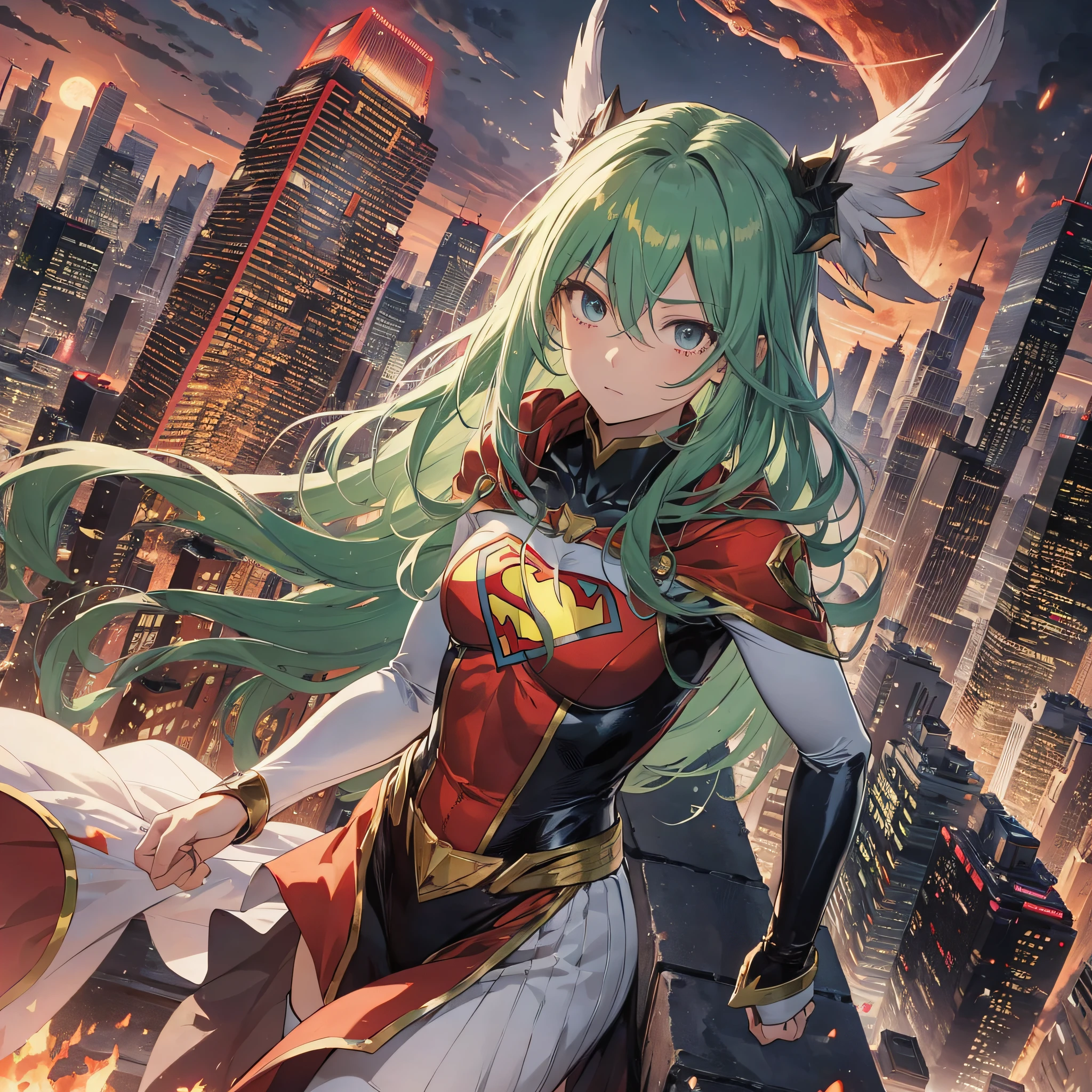 One-punch superman worldview, blood moon, city, city tall buildings, fire, explosion, maidens with long green hair flying in the sky (1.3), unleashing spells
