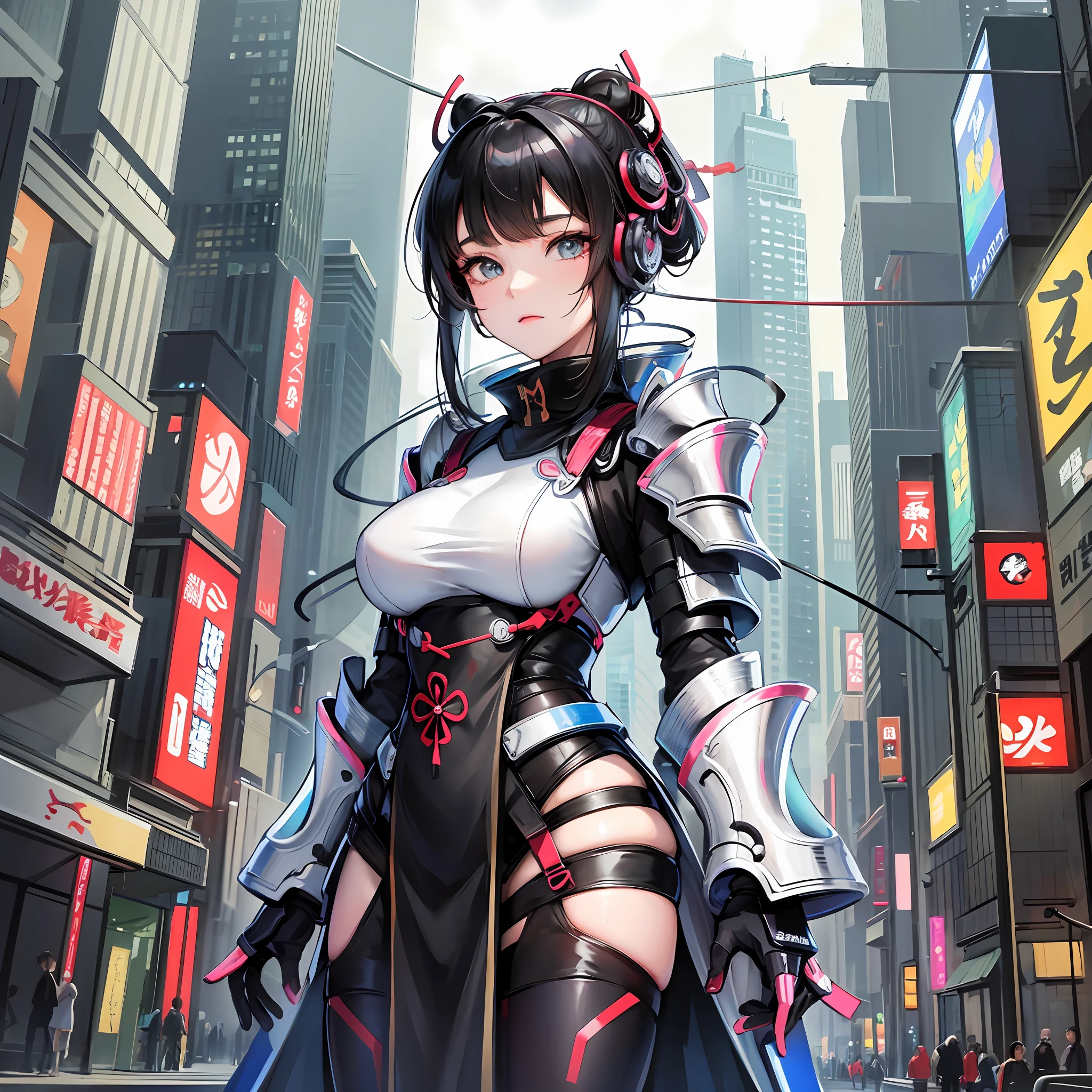A detailed drawing of an Asian girl wearing samurai-style cybernetic armor in a futuristic city based on traditions. --auto --s2