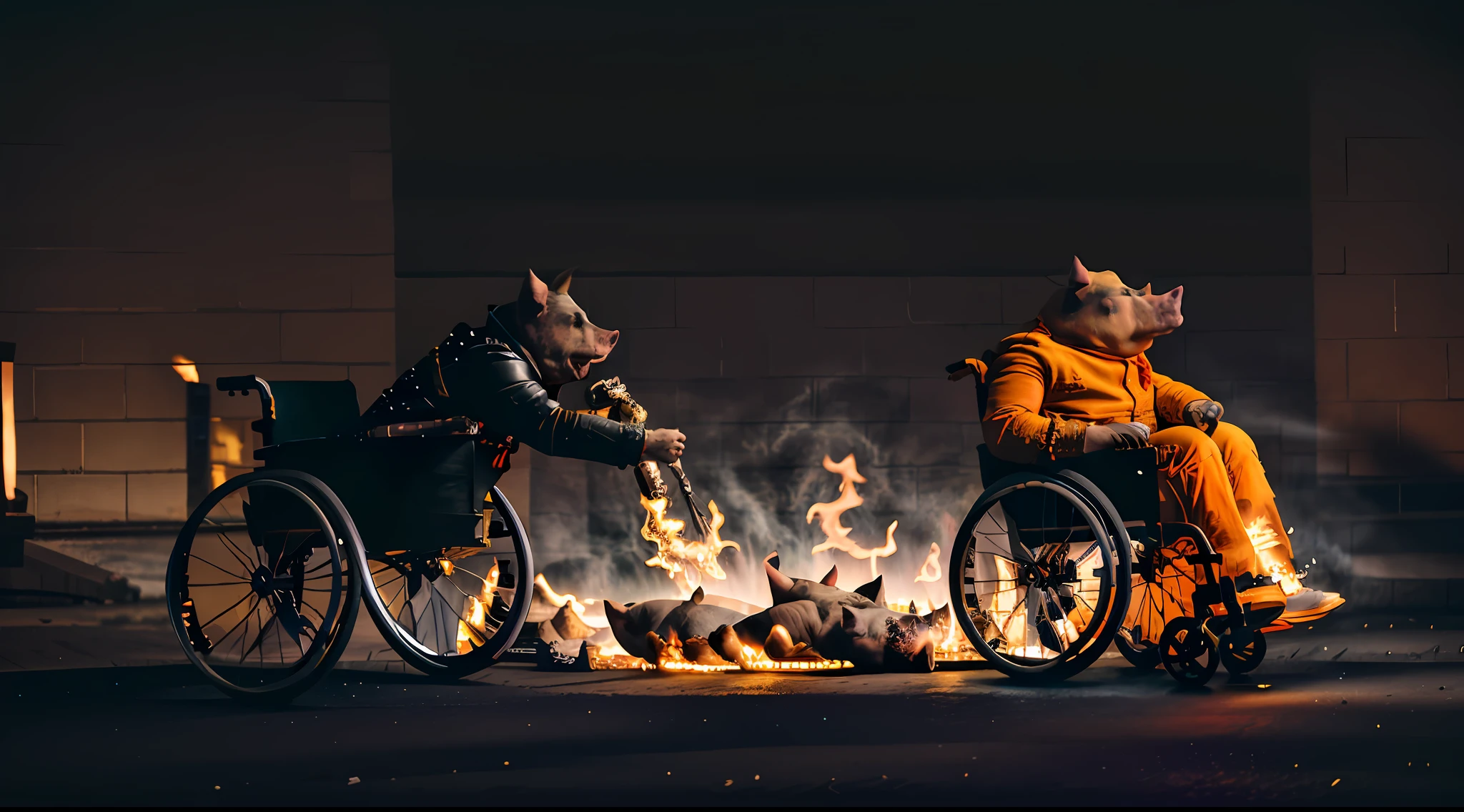 An epic action movie sideshot of a pig, a ghost pig with a flaming skull, a studded leather jacket, a chain, sitting in ((wheelchair with glowing orange wheels)) gallops through the dark city streets, leaving behind a cascade of firelight.
1 person, spark, ember, high resolution, high resolution, sharp focus, detail, film, artistic shadow, HDR. , a pig