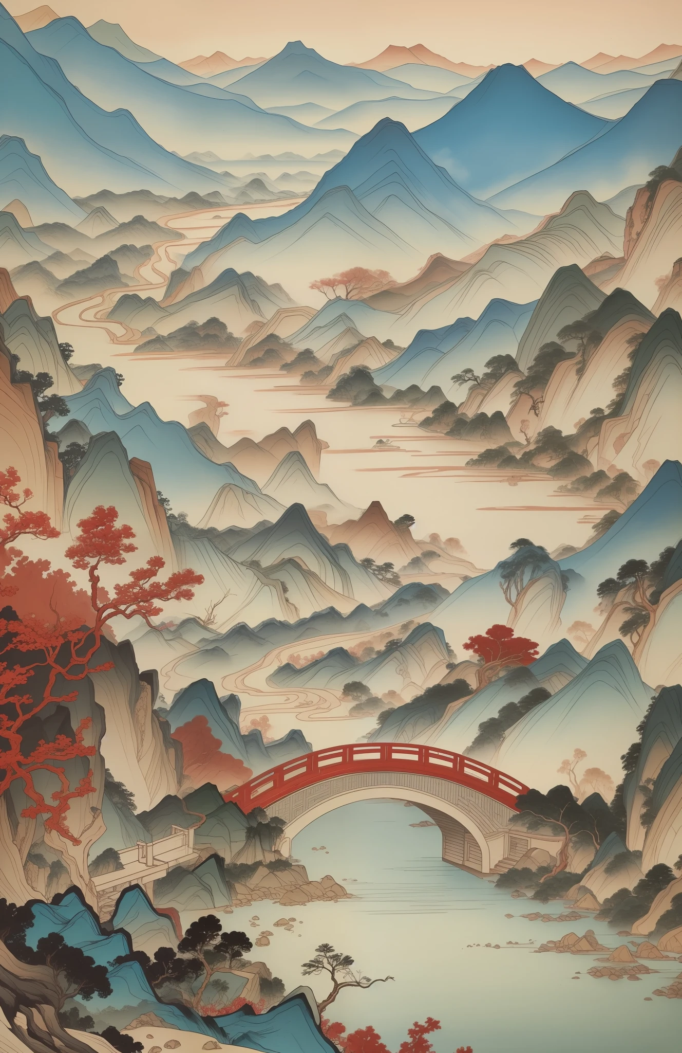 Mountain Painting with Rivers and Bridges, Super Fine Detail Painting, Chinese Landscape, Wen Boren, Super Fine Detail Painting, Detailed Landscape, Yang Bolun, Ultra Detail Painting, Ni Yuanlu, Inspired by Huang Binhong, Boxunling, Red Mountain Landscape, 8K, Detail, Masterpiece, Sense of Premium, Art,