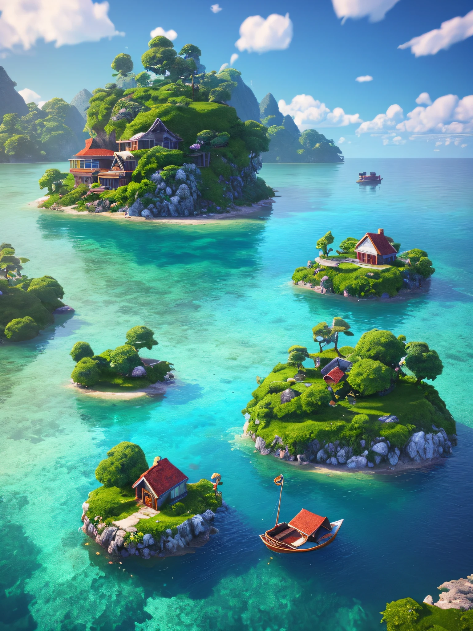 there is a small island with a house and a boat in the water, realistic 3 d style, gorgeous 3d render, in the art style of filip hodas, stylized 3d render, beautiful 3d render, 3 d render beeple, stunning 3 d render, stunning 3d render, stylized as a 3d render