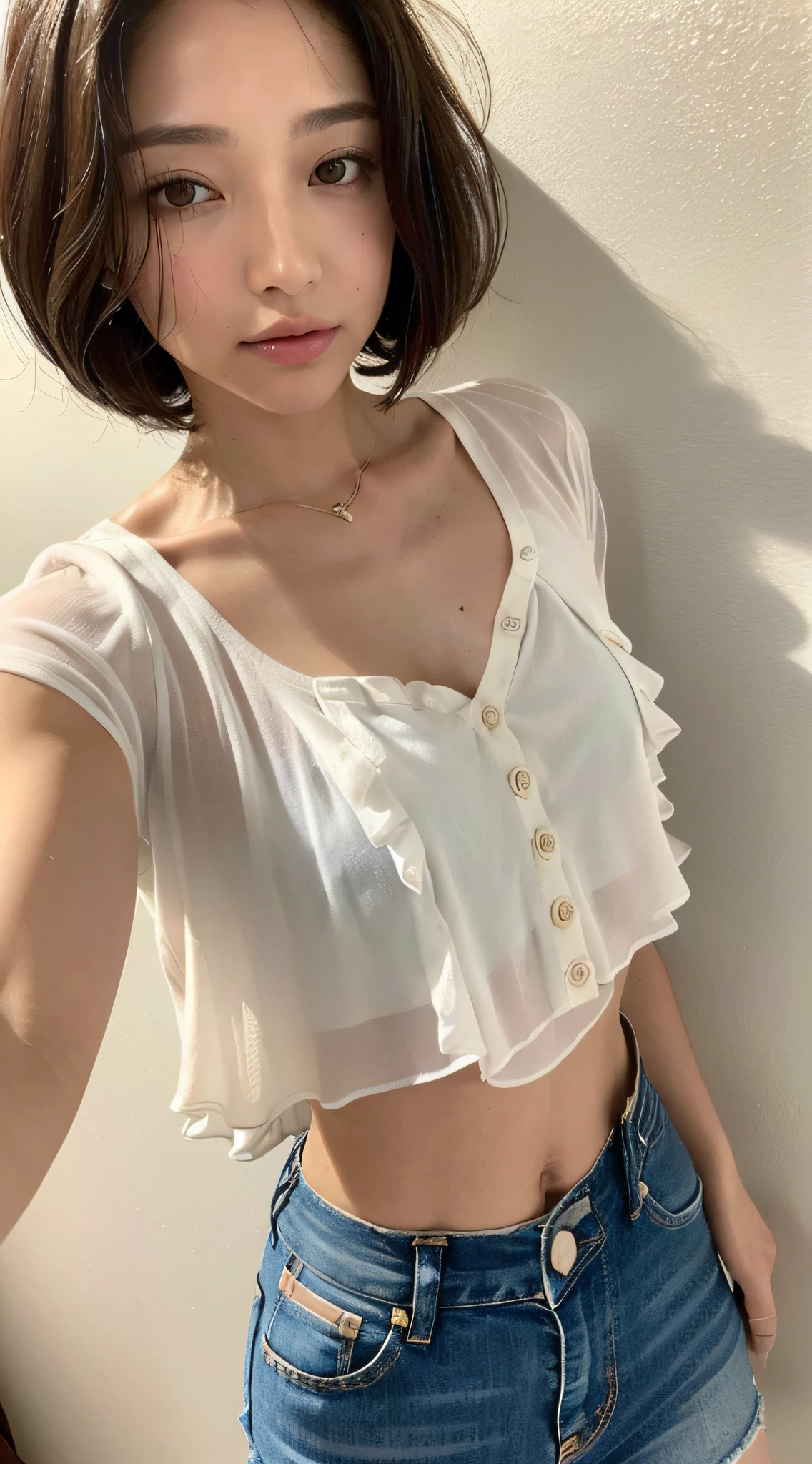((Top Quality, 8k, Masterpiece: 1.3)), Sharp Focus: 1.2, Full Body Portrait: 2.3, Beautiful Woman with Delicate Body: 1.4, Slim Abdomen: 1.2, Thin Waist, Thin Waist, Delicate Body, (((Layered Haircut, Small: 1.2)), (No Bra) (Small and Beautiful Hard (Thin and Moist Buttons Up to Shirt Length: 1.1), ( white shirt wet from rain), (rain, street: 1.2), wet body: 1.1, very detailed face and skin texture, detailed eyes, double eyelids, tanned skin, sexy, tanned
