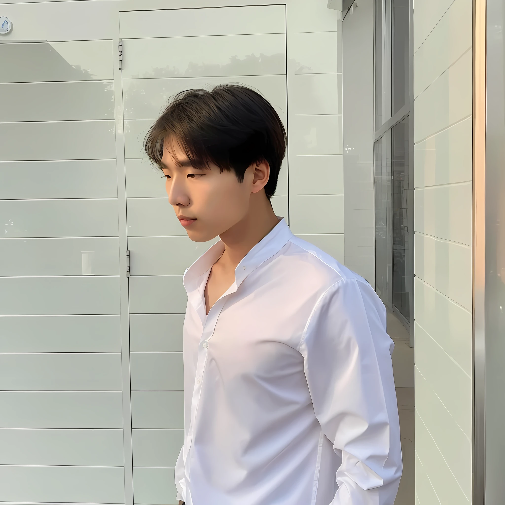 there is a man standing in front of a glass door, taejune kim, hyung tae, wearing white shirt, korean artist, hyung tae kim, wearing a white shirt, with short hair, kim doyoung, inspired by jeonseok lee, in white clothes, wearing a light shirt, profile shot, captured on iphone, hong june hyung, hyung - tae kim