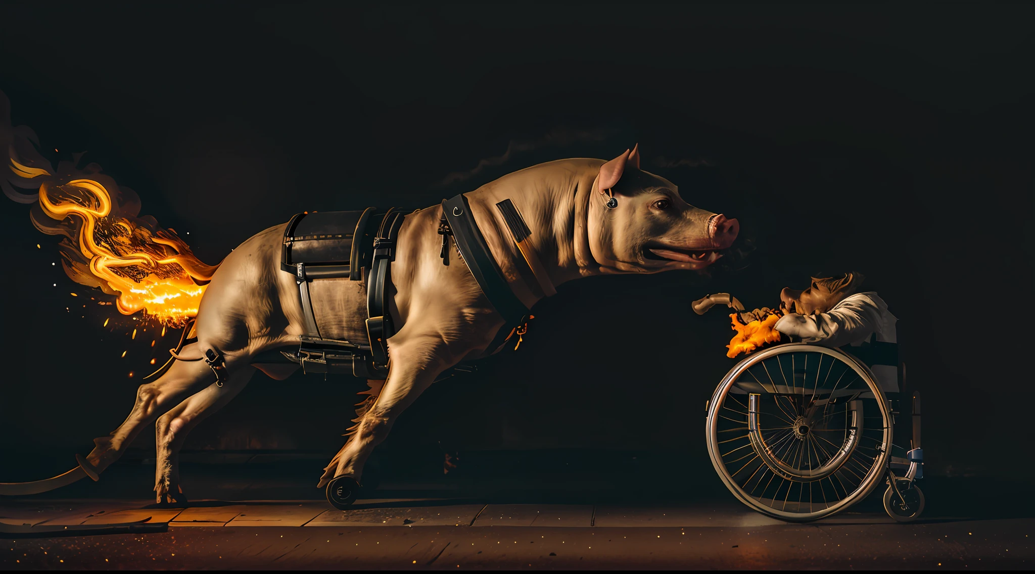 An epic action movie sideshot of a pig, a ghost pig with a flaming skull, a studded leather jacket, a chain, sitting in ((wheelchair with glowing orange wheels)) gallops through the dark city streets, leaving behind a cascade of firelight.
1 person, spark, ember, high resolution, high resolution, sharp focus, detail, film, artistic shadow, HDR. , a pig