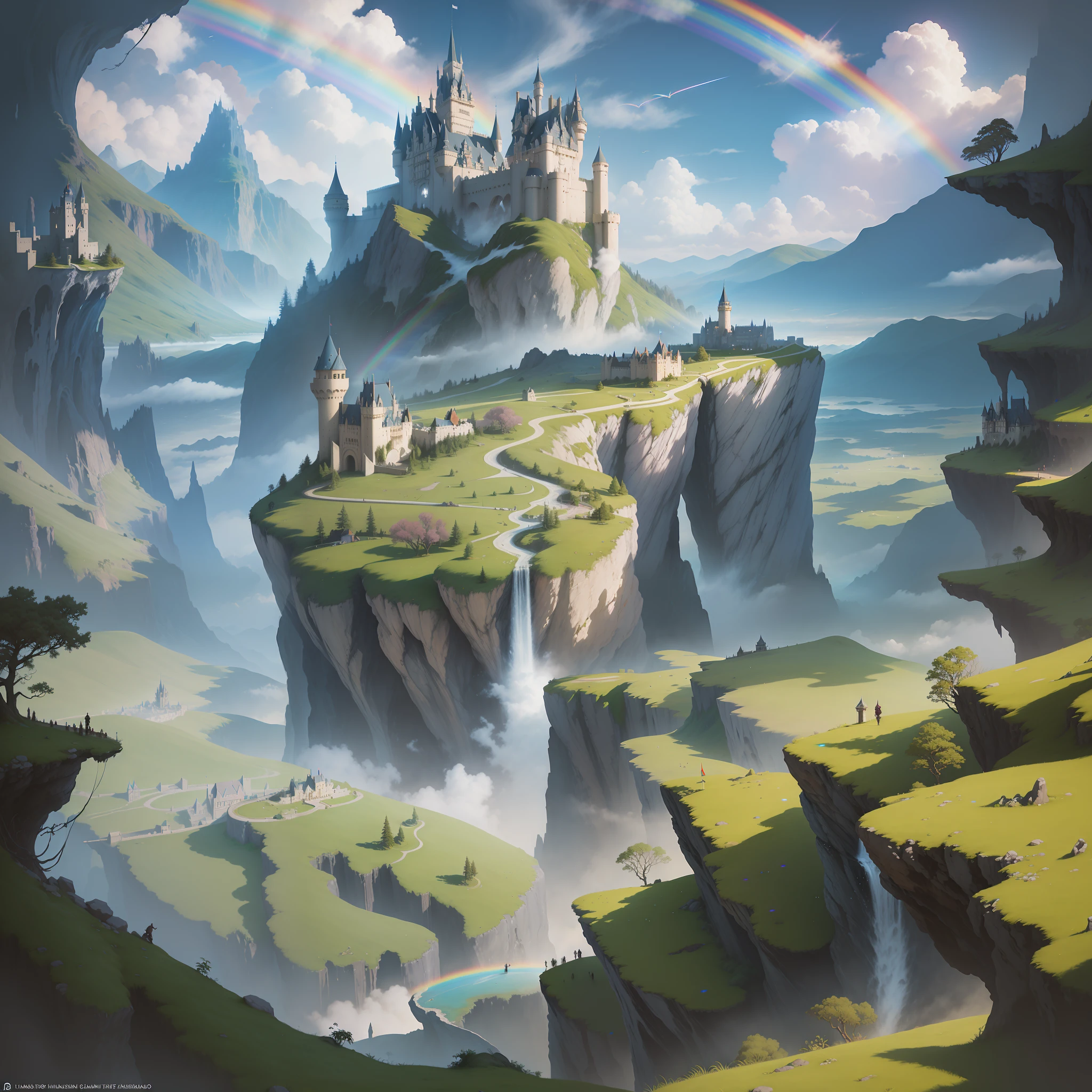 there is a painting of a castle on a cliff with a rainbow in the sky, silvain sarrailh, ross tran. scenic background, impressive fantasy landscape, high fantasy castle, high fantasy landscape, by Jason Chan, flying cloud castle, most epic landscape, magical castle school on a hill, ryan dyar, fantasy castle, castle in the sky style